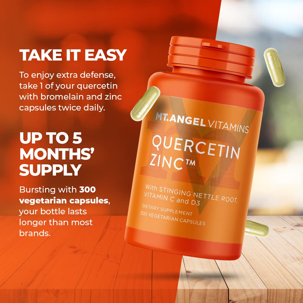 Close-up of Mt. Angel Vitamins Quercetin Zinc Supplement capsules