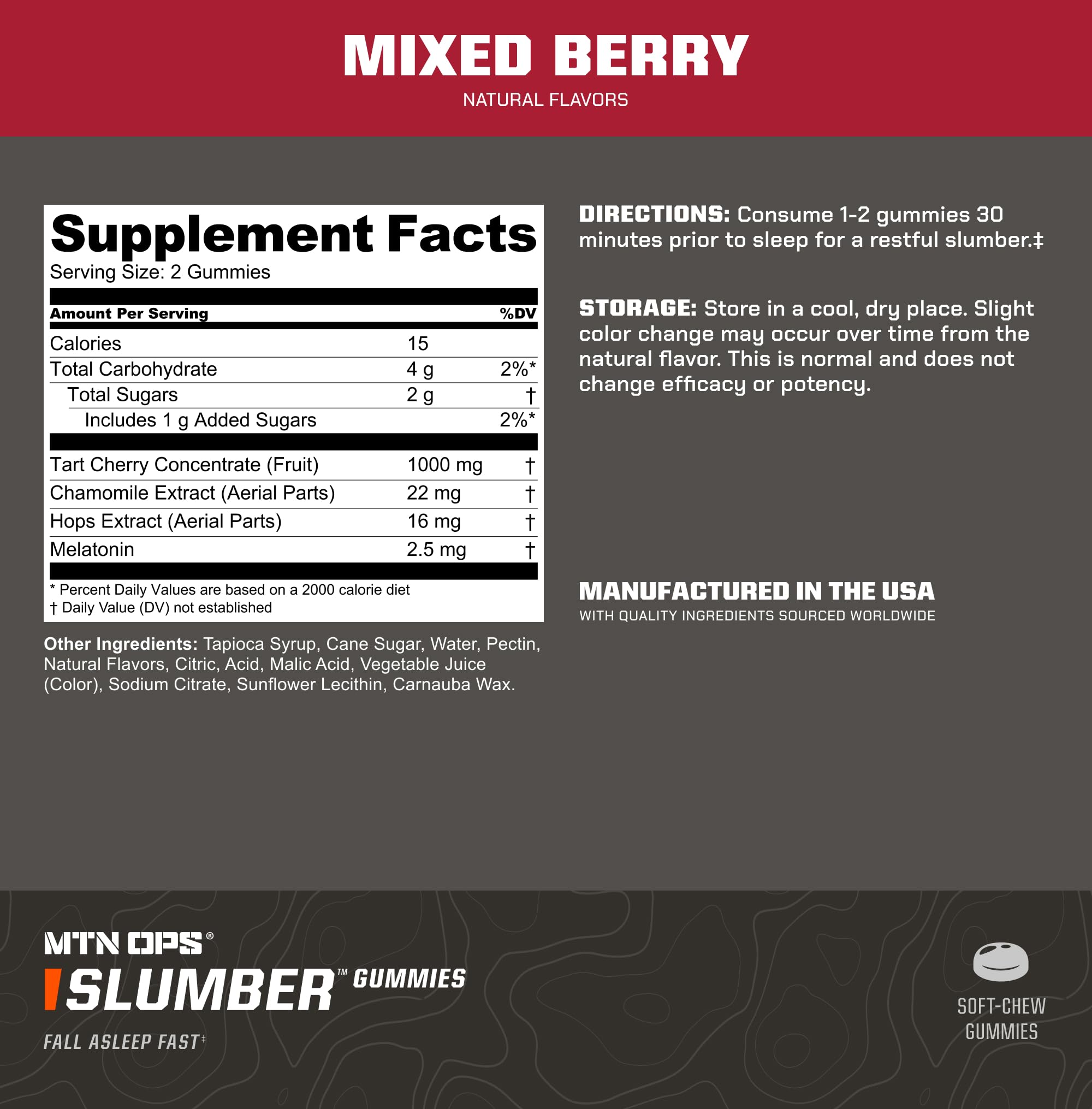 Close-up of MTN OPS Slumber Gummies mixed berry flavour