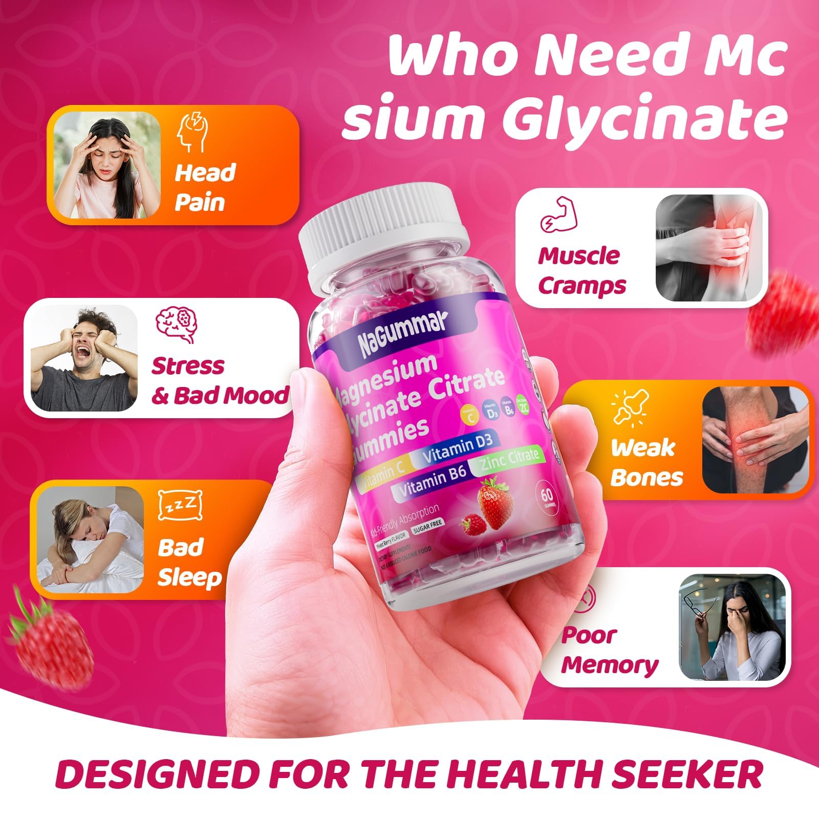 Close-up of nagummar Magnesium Glycinate Gummies showing raspberry flavour