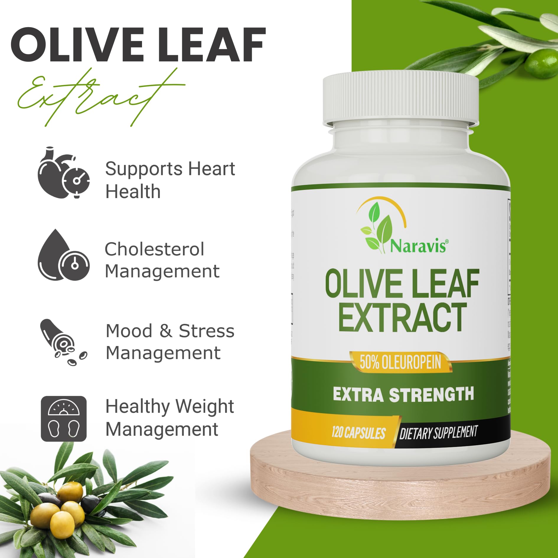 Close-up of Naravis Olive Leaf Extract capsules
