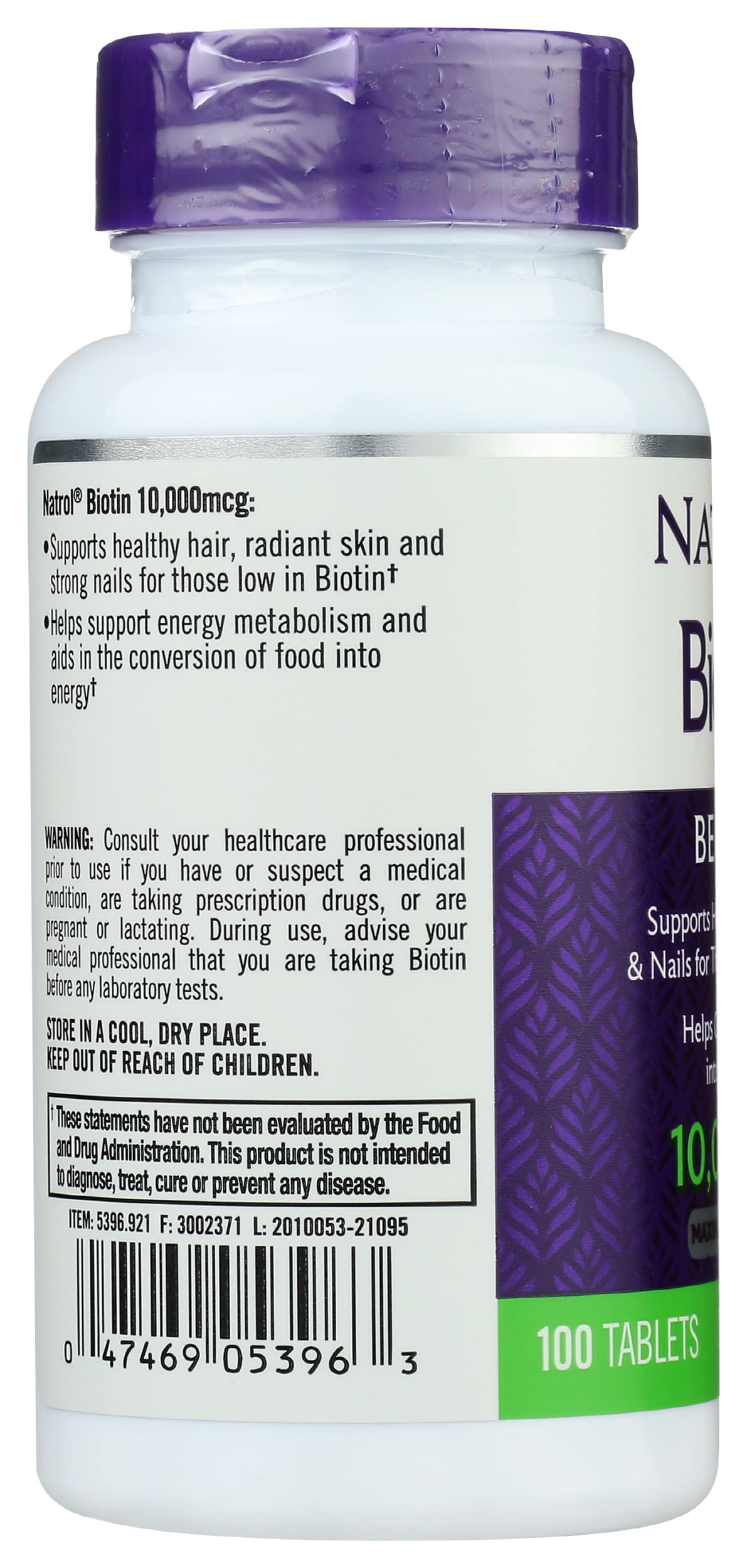 Close-up of Natrol Biotin tablets