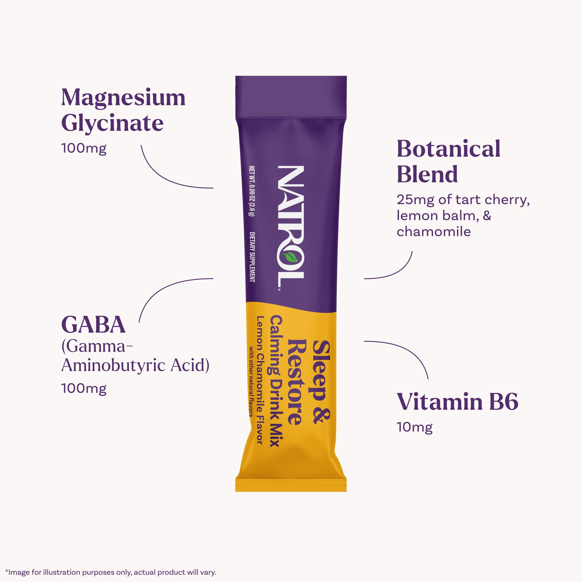 Close-up of Natrol Sleep & Restore stick pack with lemon chamomile flavour