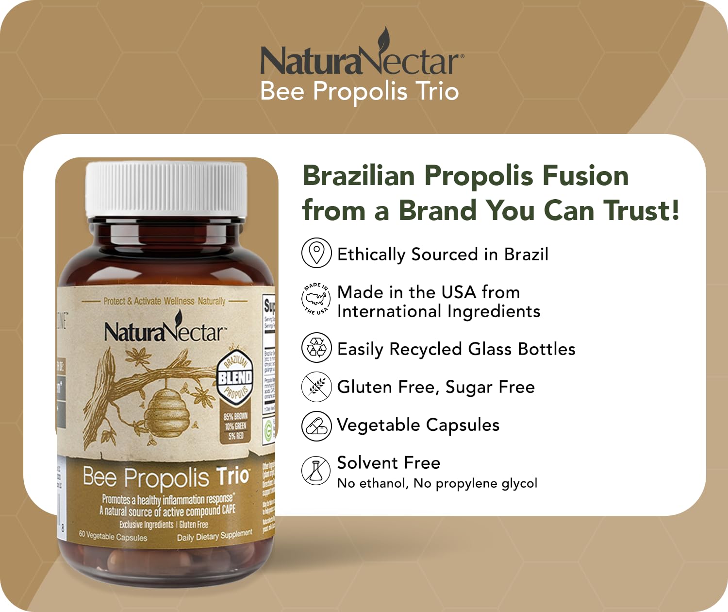 Close-up of NaturaNectar Bee Propolis Trio Capsules with label