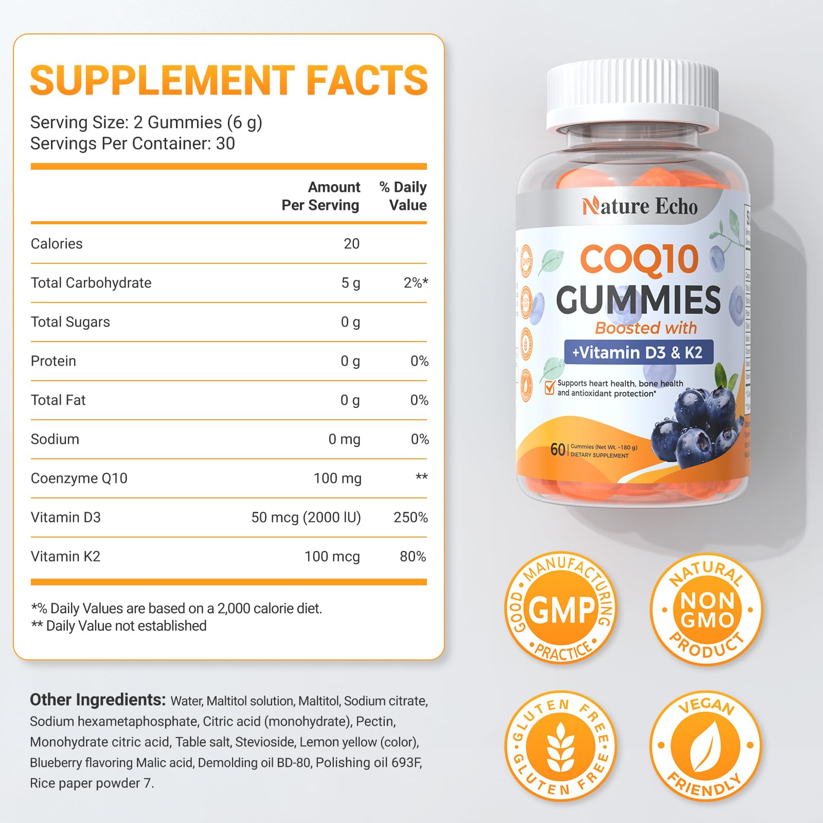Close-up of Nature Echo CoQ10 Gummies showing the blueberry gummies
