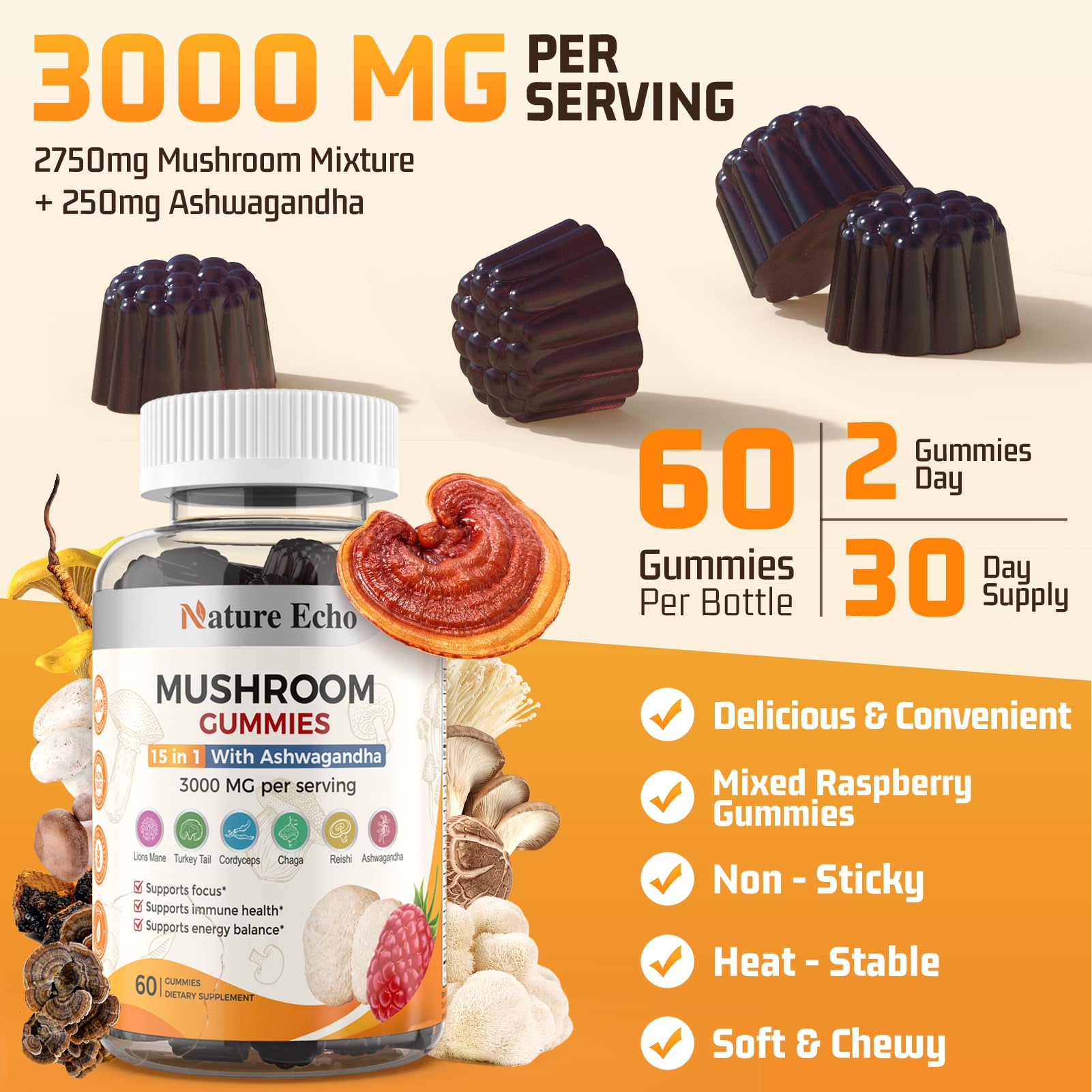 Close-up of Nature Echo Mushroom Gummies showing raspberry flavour