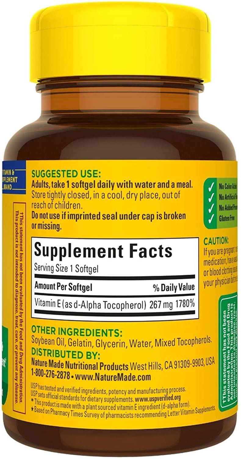 Close-up of Nature Made Vitamin E Softgels showing softgel