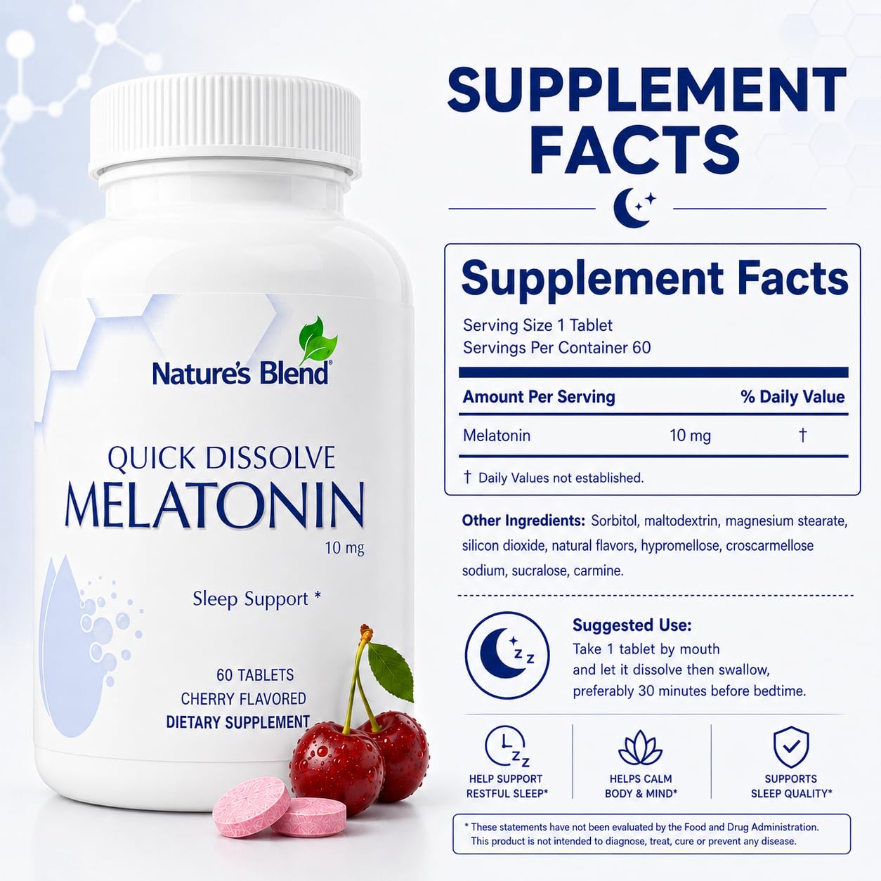Close-up of Nature's Blend Melatonin Cherry Tablet