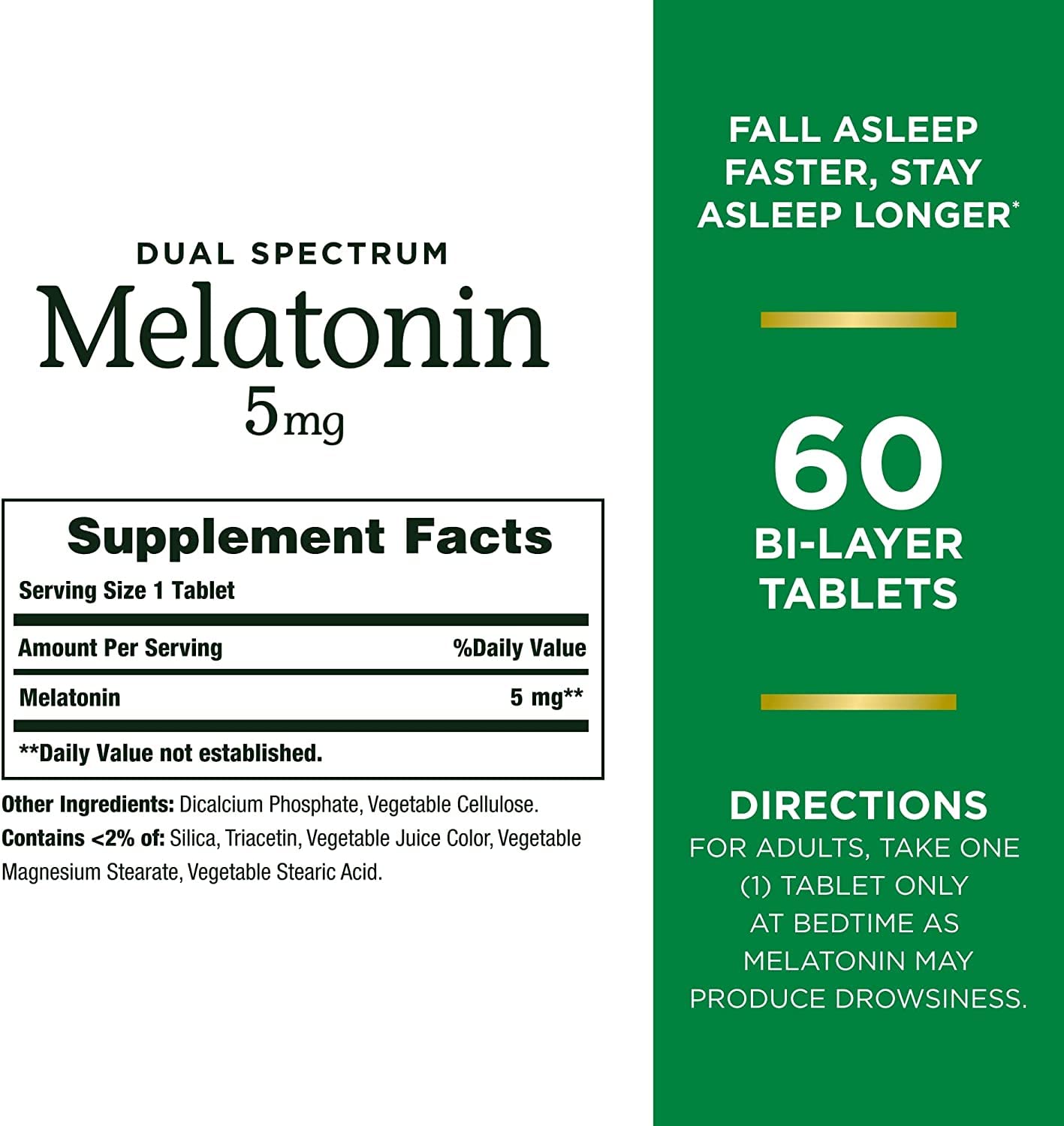 Close-up of Nature's Bounty Dual Spectrum Melatonin tablet showing bi-layer design