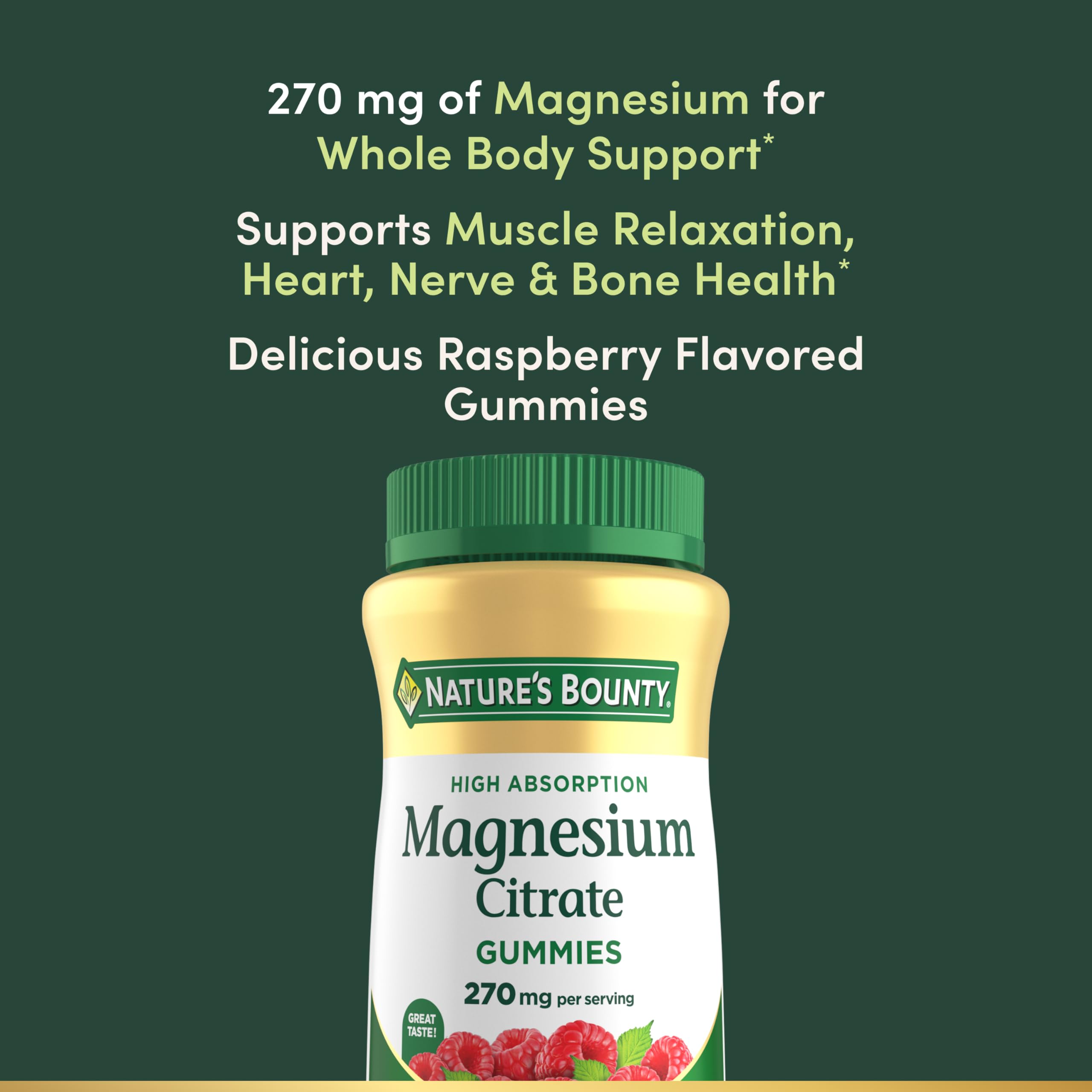 Close-up of Nature's Bounty Magnesium Gummies showing raspberry flavour