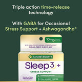 Close-up of Nature's Bounty Sleep3+ Stress Support tablet