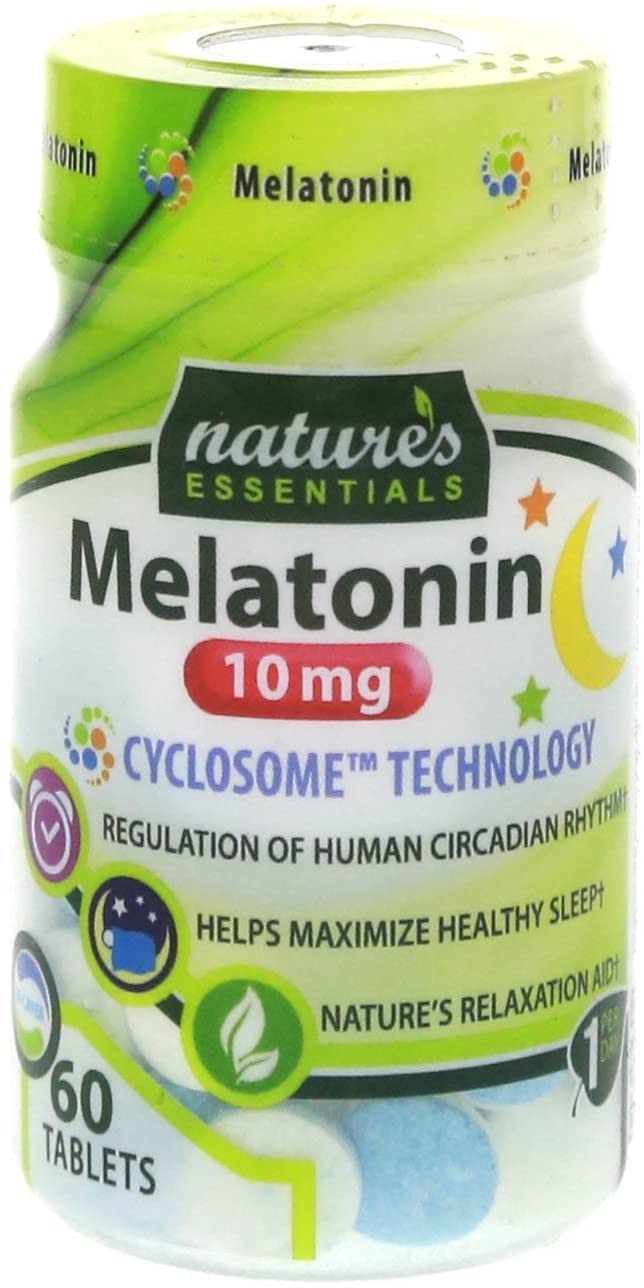 Close-up of NATURE'S ESSENTIALS Melatonin 10mg tablets