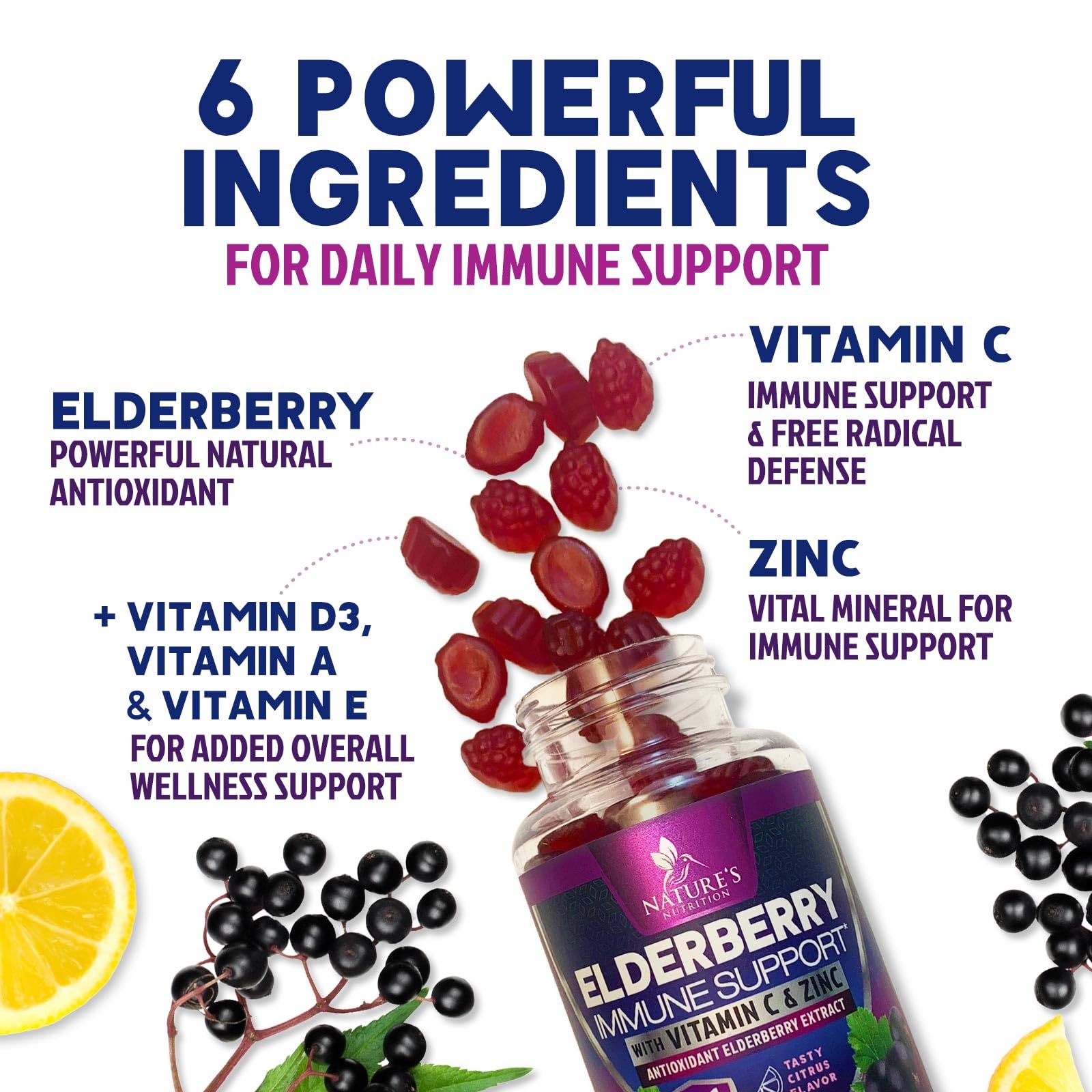 Close-up of Nature's Nutrition Elderberry Gummies showing gummy texture