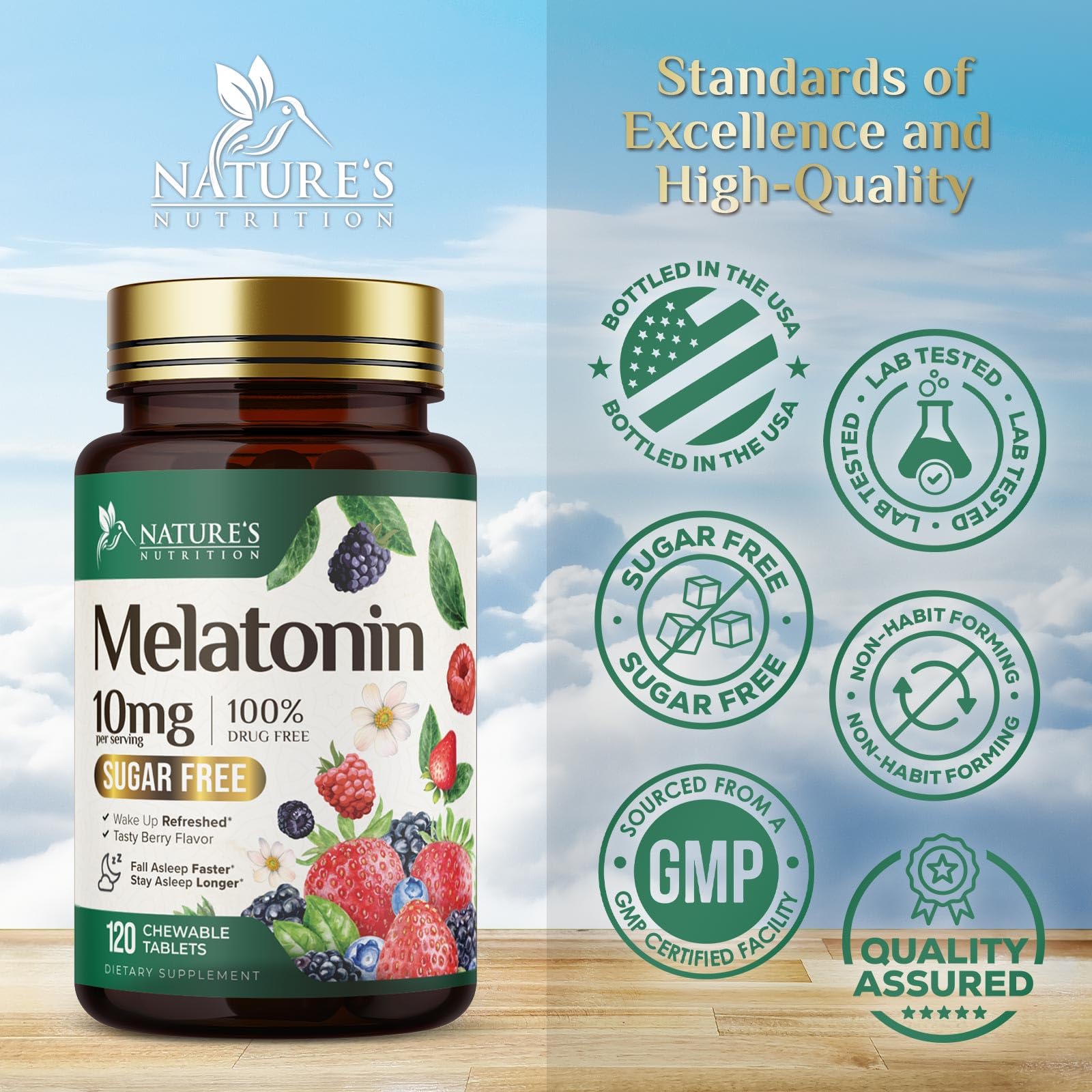 Close-up of Nature's Nutrition Melatonin 10mg tablet on a wooden surface