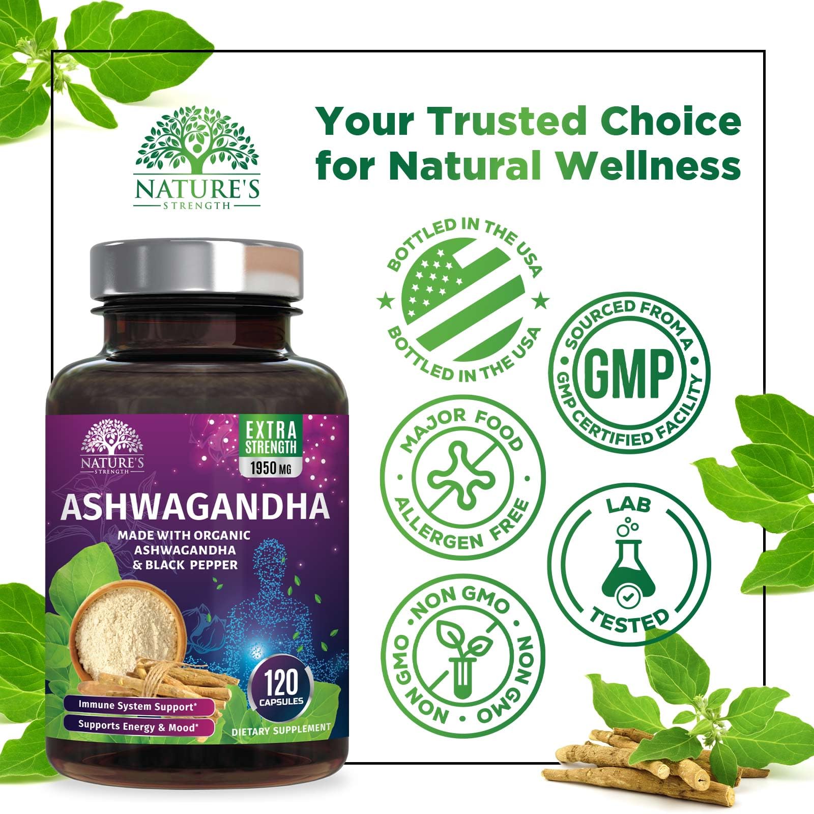 Close-up of Nature's Strength Ashwagandha Capsules on a wooden table