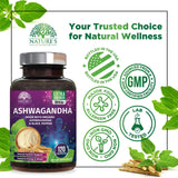 Close-up of Nature's Strength Ashwagandha Capsules on a wooden table
