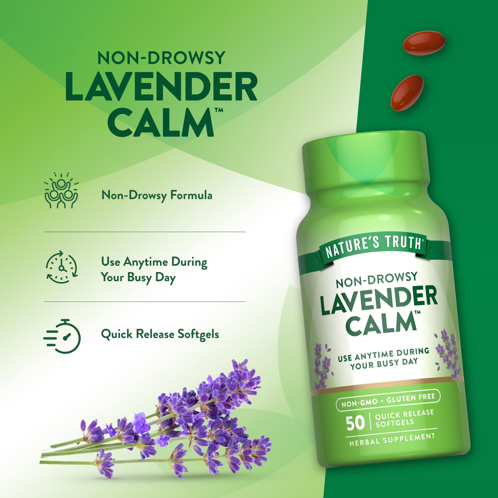 Close-up of Nature's Truth Lavender Calm Softgels showing texture