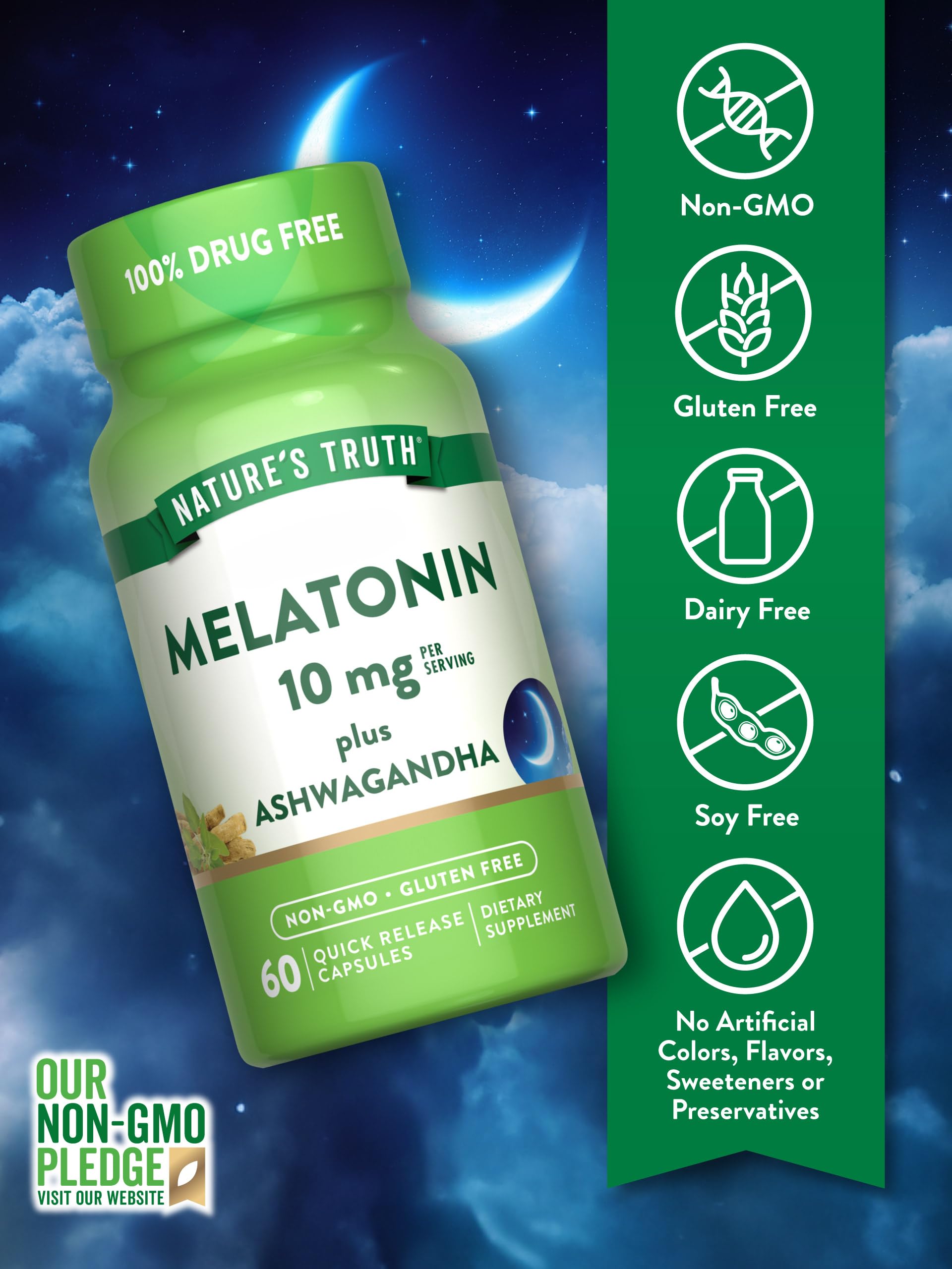 Close-up of Nature's Truth Melatonin Plus Ashwagandha capsules