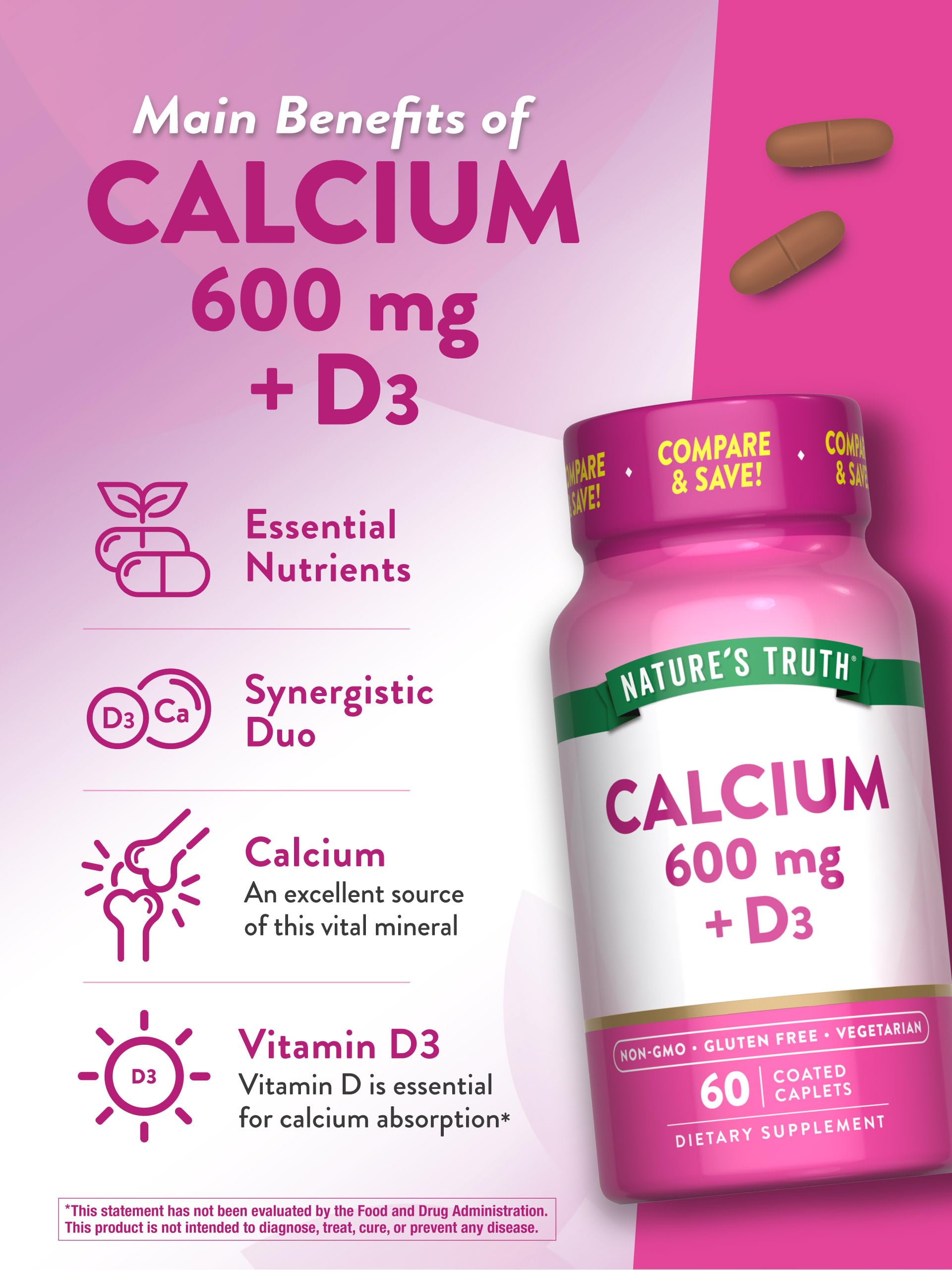 Close-up of Nature's Truth Vegetarian Calcium and Vitamin D3 caplet