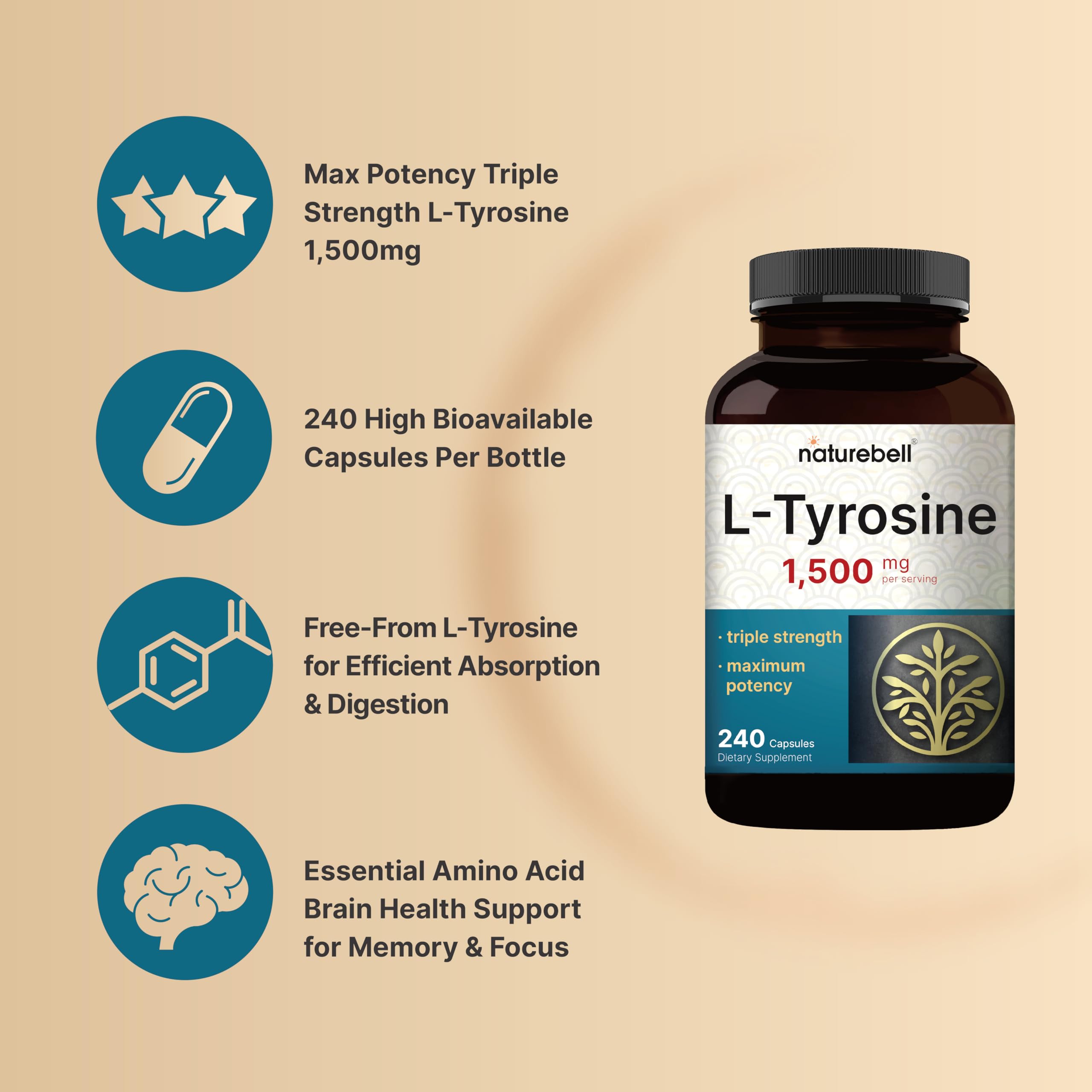 Close-up of NatureBell L-Tyrosine 1500mg capsules