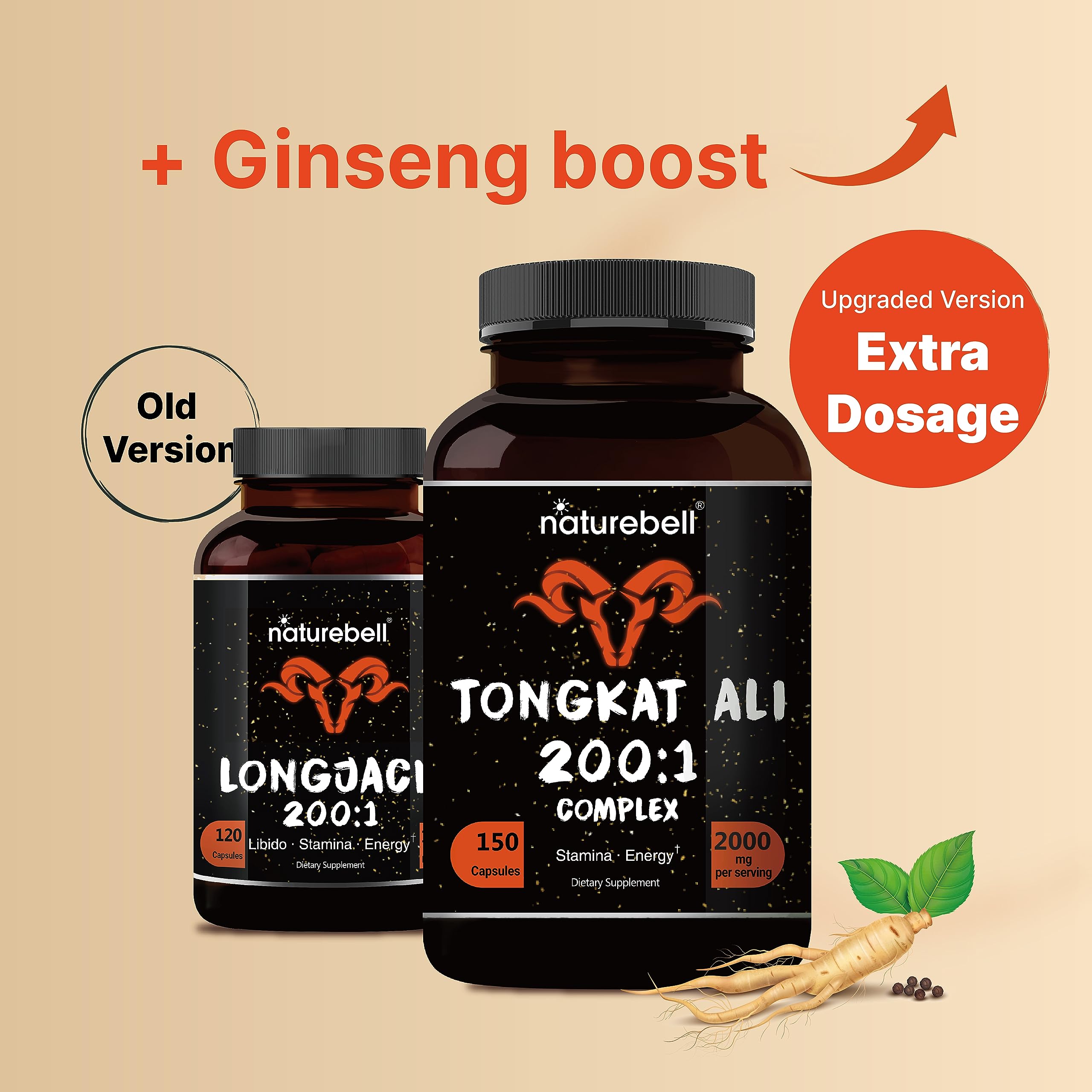 Close-up of NatureBell Tongkat Ali & Panax Ginseng capsules