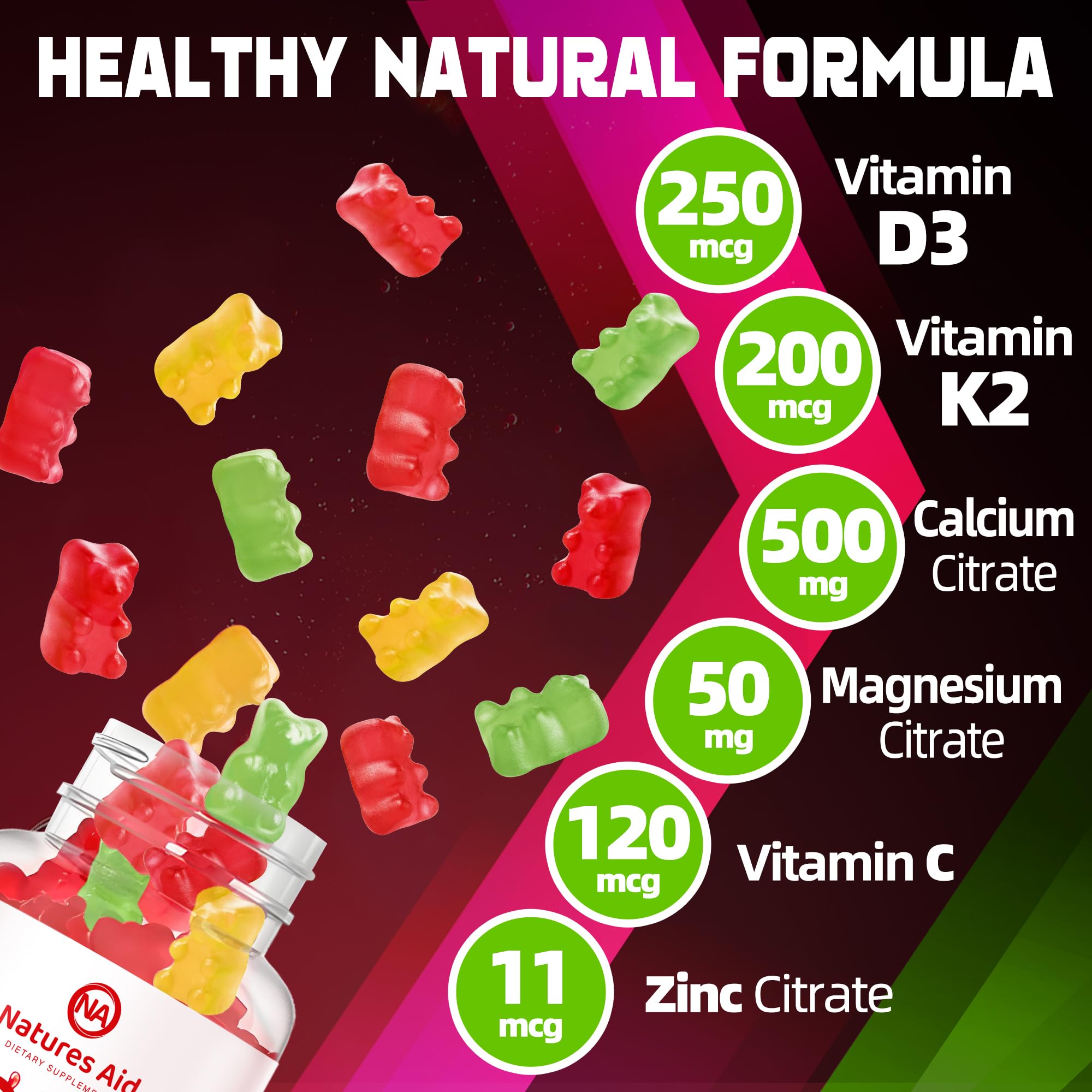 Close-up of Natures Aid D3K2 Gummies showing peach flavour