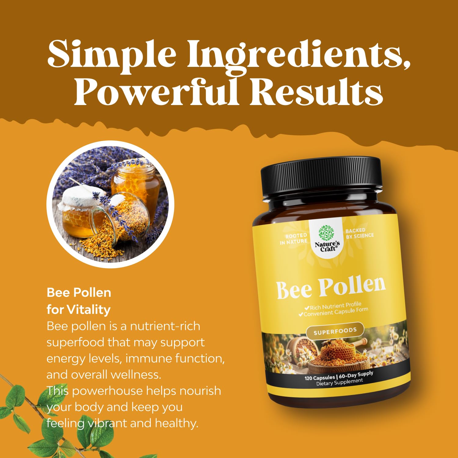 Close-up of Natures Craft Bee Pollen Powder Capsules