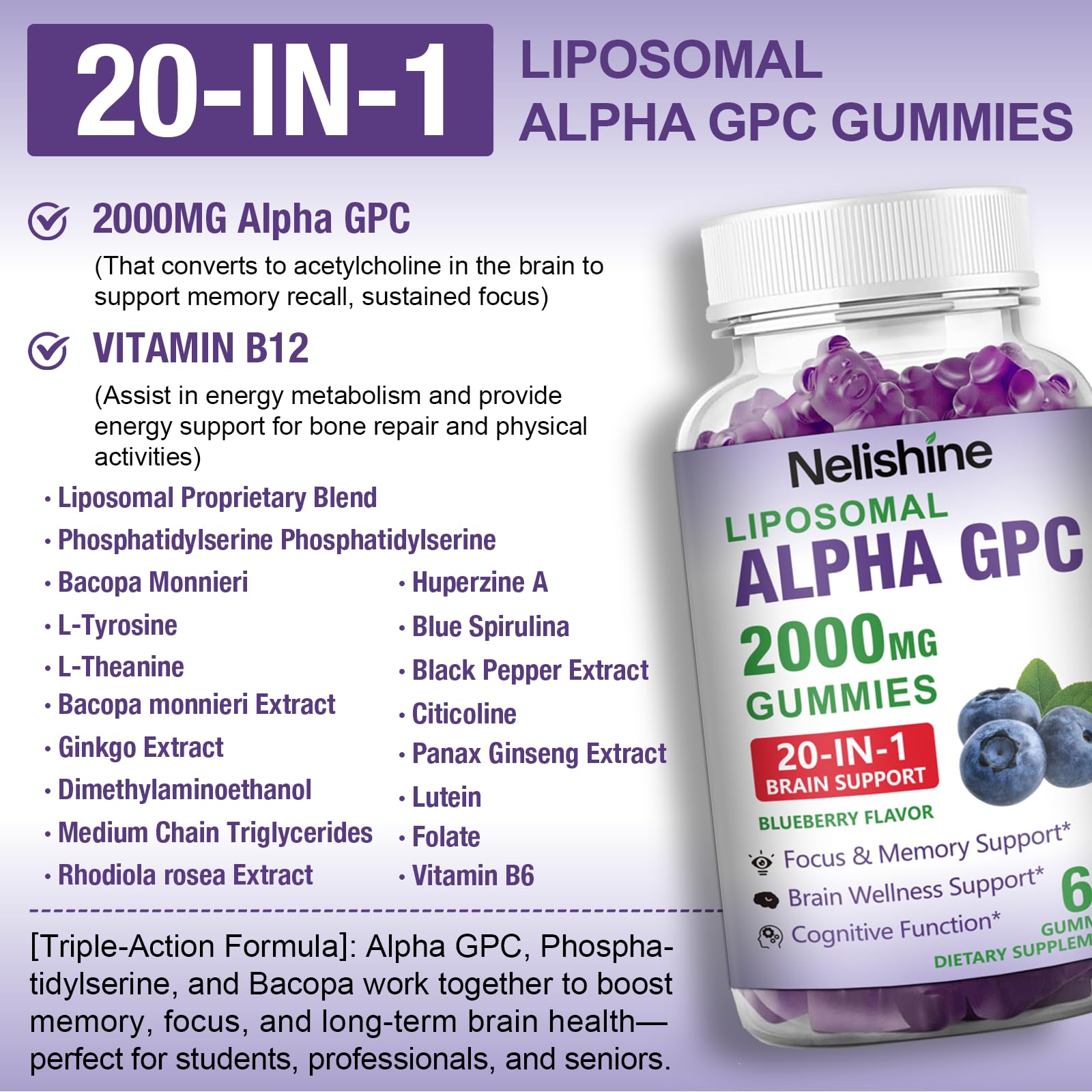 Close-up of Nelishine Liposomal Alpha GPC Gummies in a hand