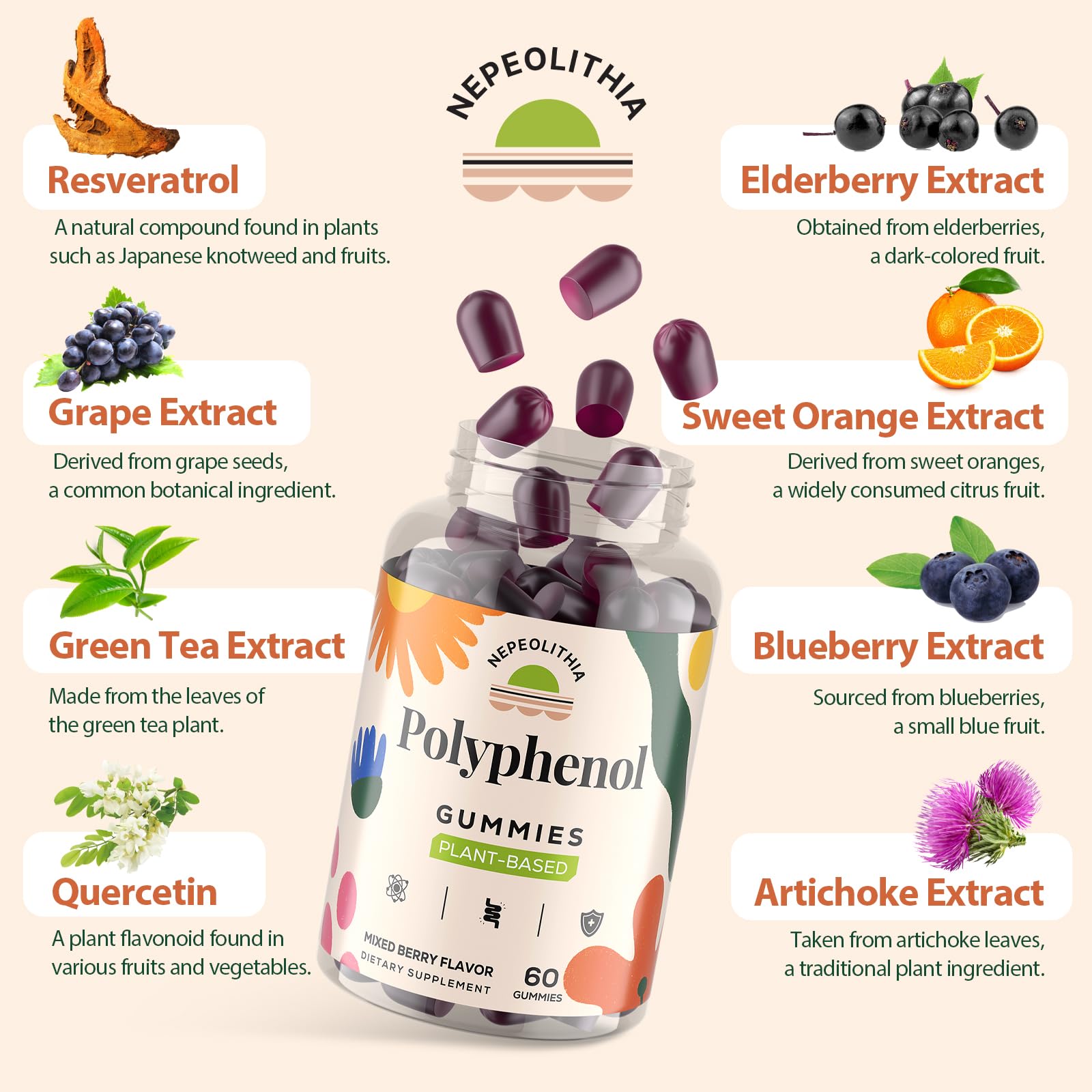 Close-up of Nepeolithia Plant Polyphenol Gummies showcasing the gummy texture