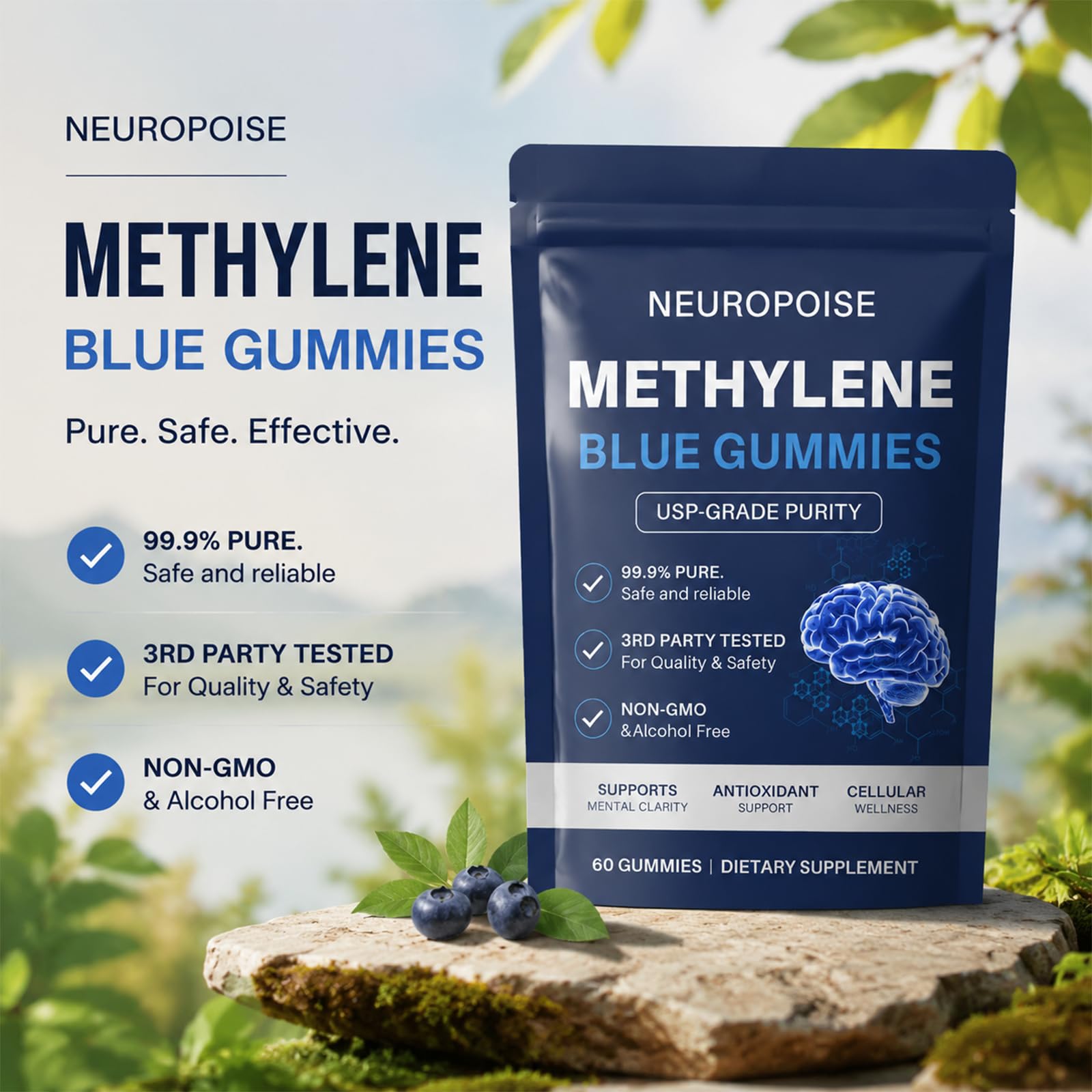 Close-up of NEUROPOISE Methylene Blue Gummies showing texture