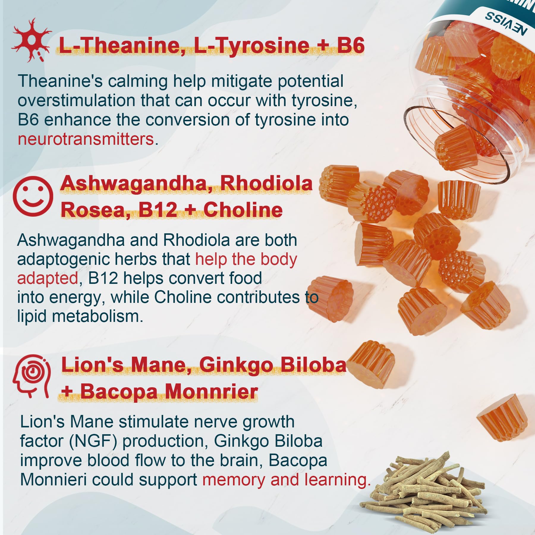 Close-up of NEVISS Brain Focus Gummies with ingredients