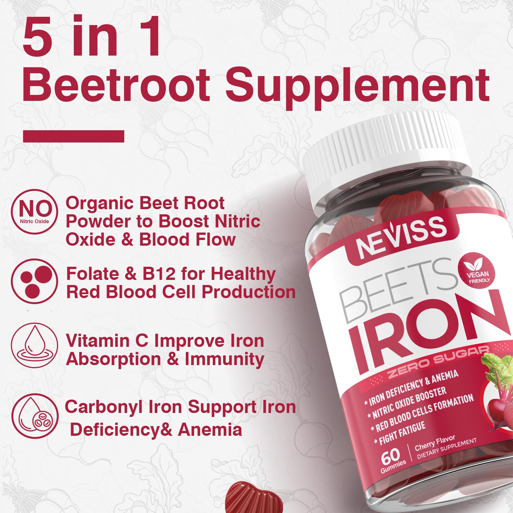 Close-up of NEVISS Iron Gummies cherry flavour
