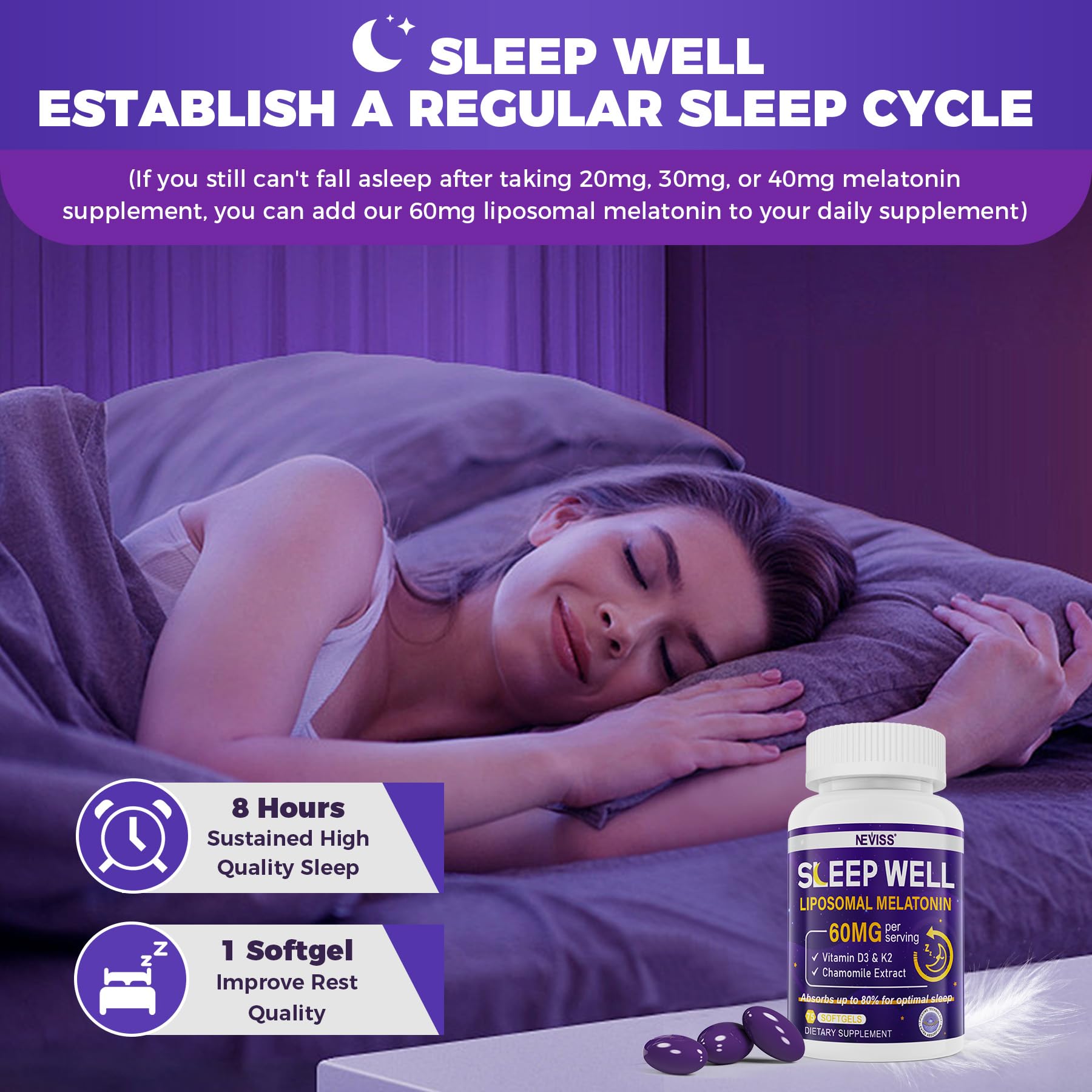 Close-up of NEVISS Liposomal Melatonin 60mg capsules