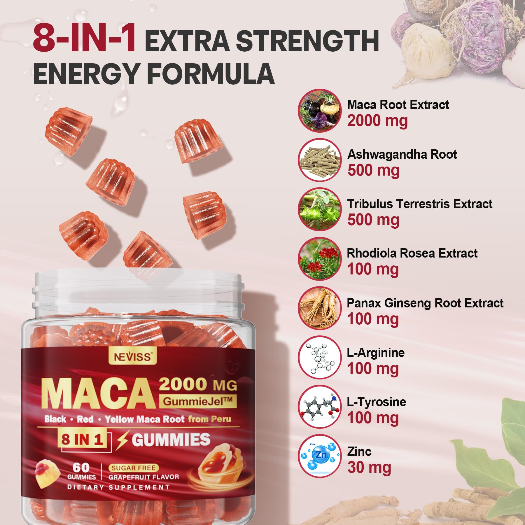 Close-up of NEVISS Maca Root Liquid Filled Gummy