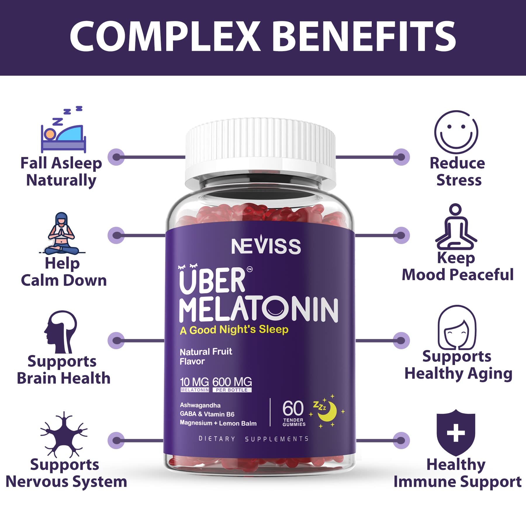 Close-up of NEVISS Melatonin Gummies with natural fruit flavour