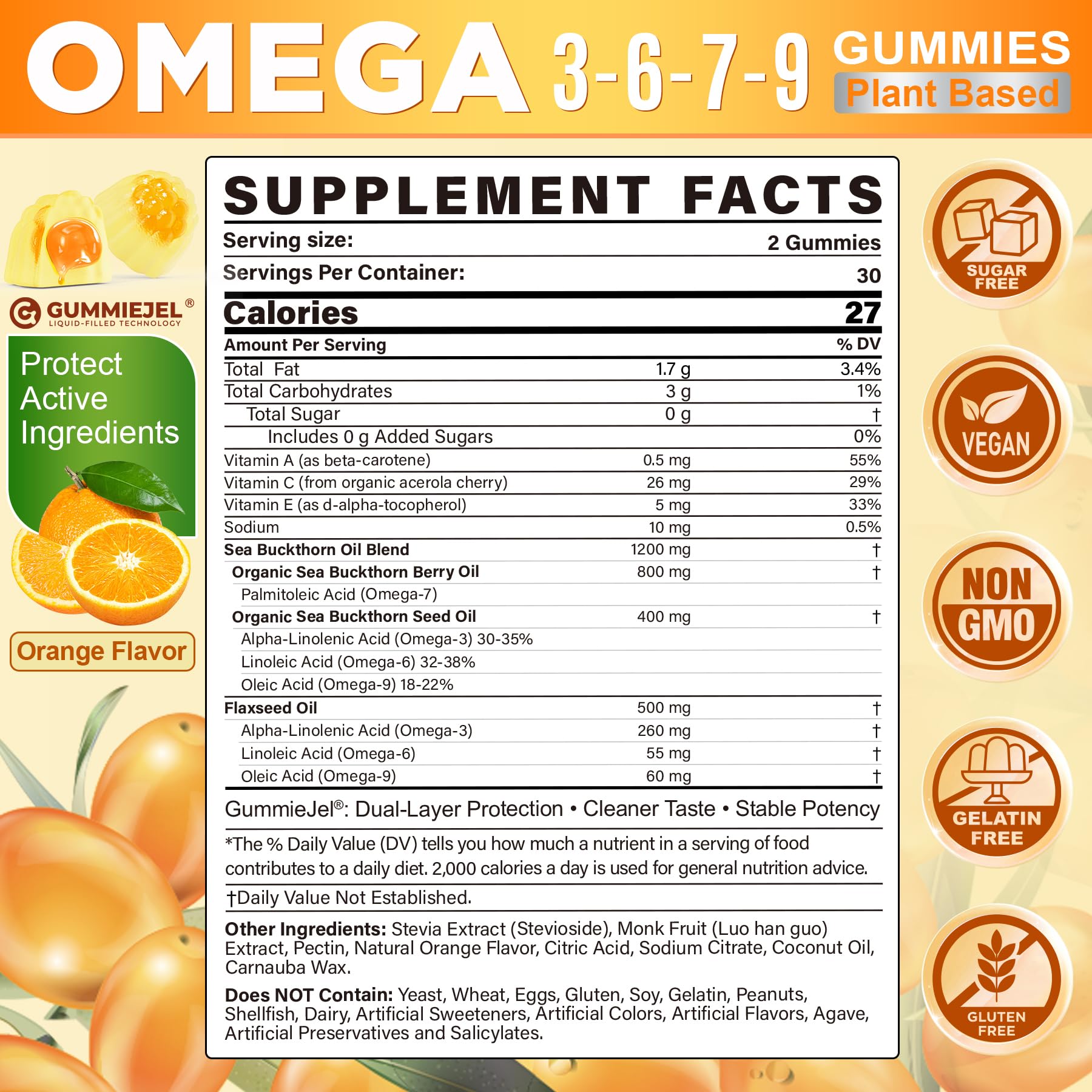 Close-up of NEVISS Omega 3-6-7-9 Gummies showing orange gummies