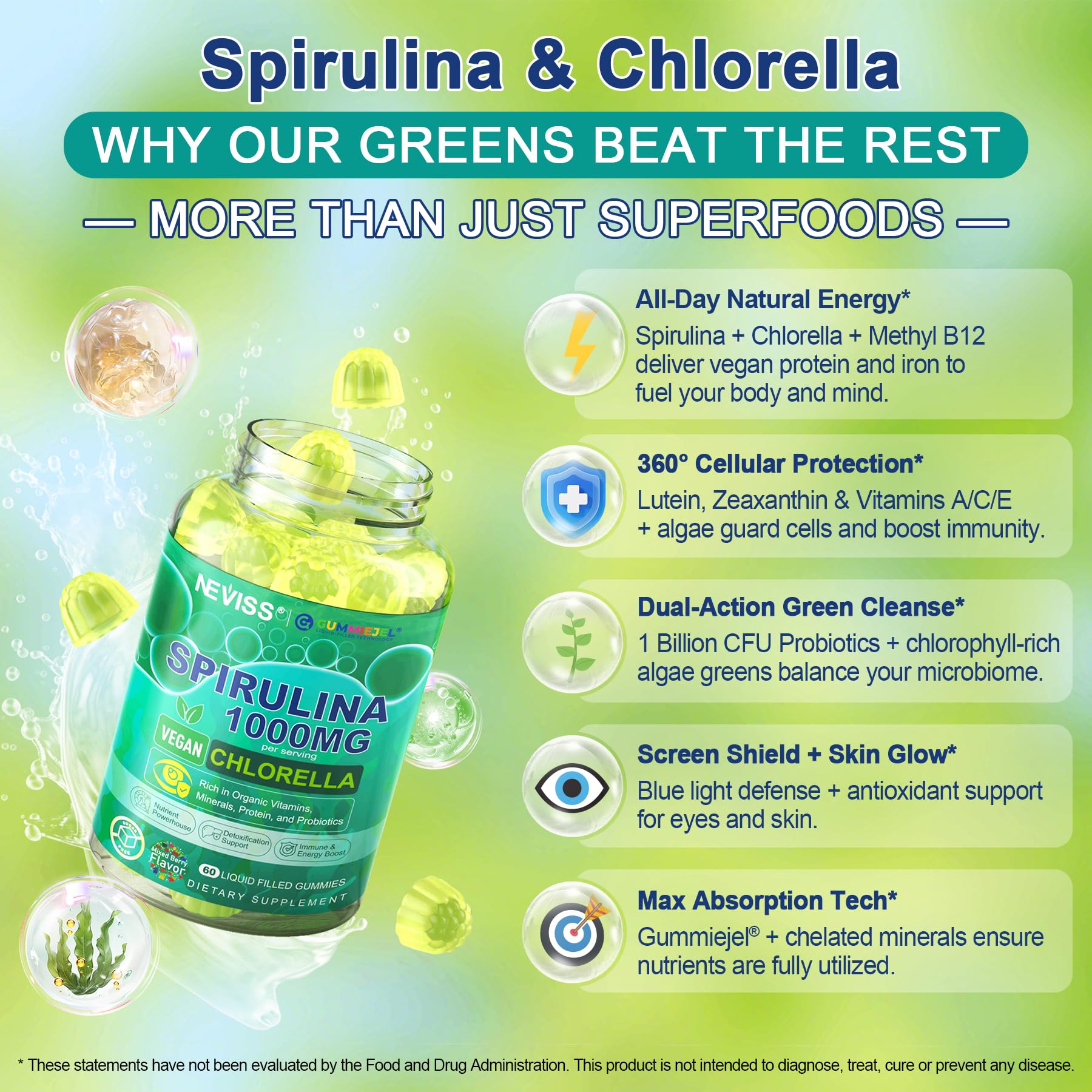Close-up of NEVISS Spirulina & Chlorella Gummies showing gummy texture