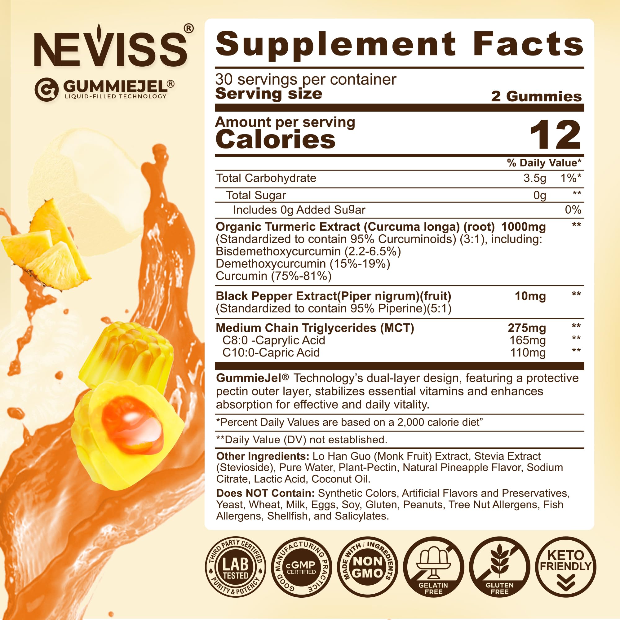 Close-up of NEVISS Turmeric Gummies showing gummy texture