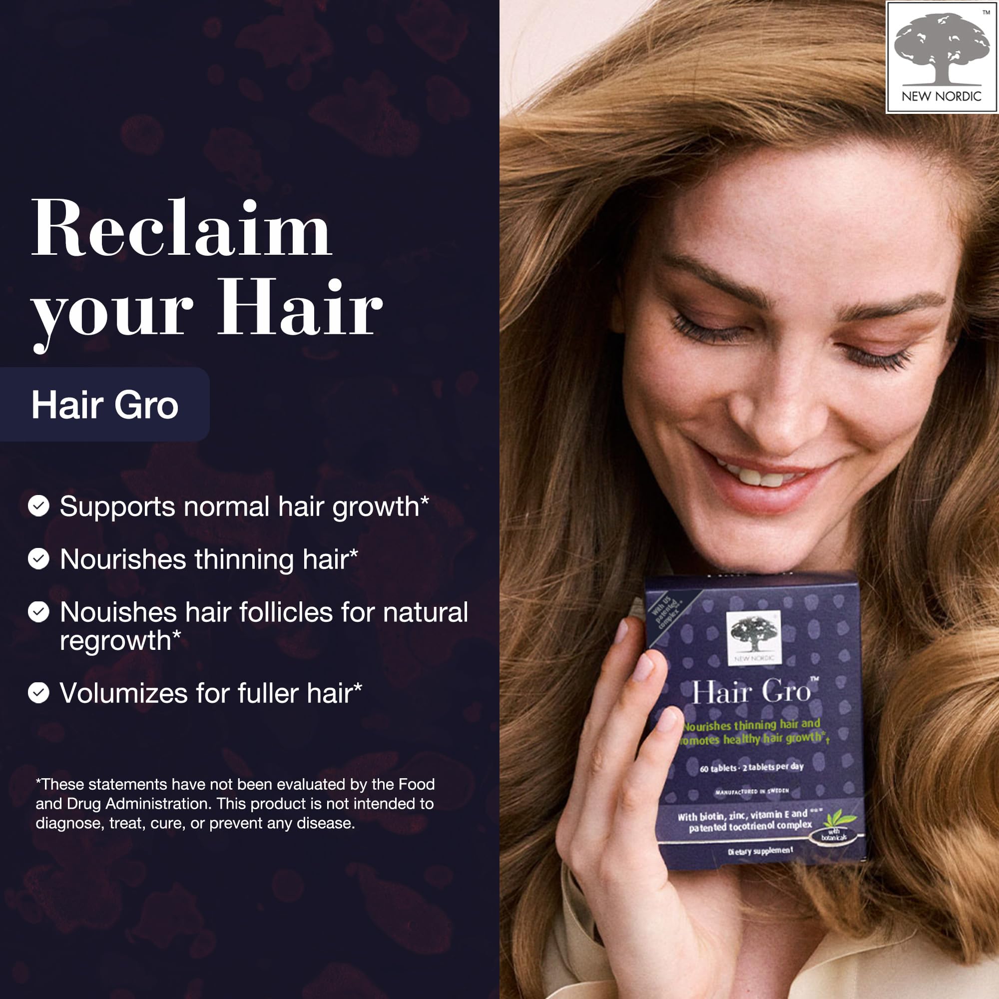 Close-up of NEW NORDIC Hair Growth Support Tablets showing ingredients