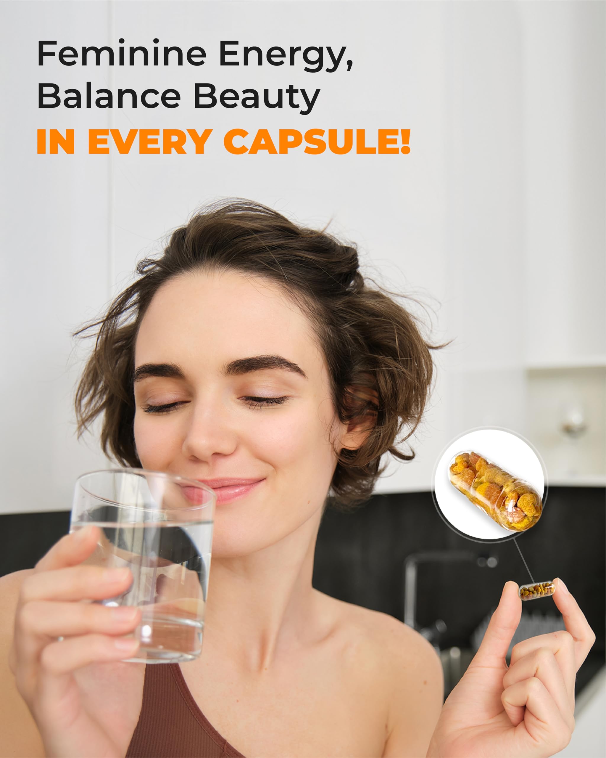 Close-up of New Time Organic Bee Pollen Capsules veggie cap