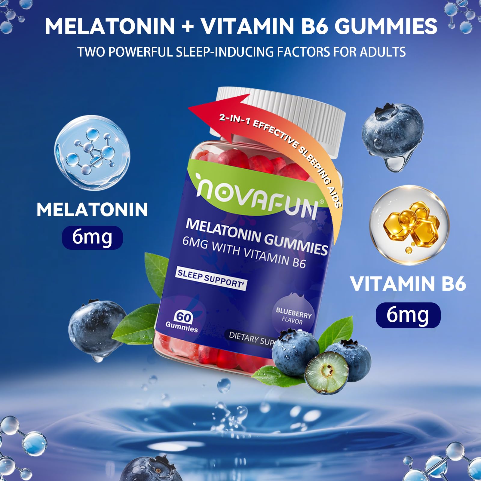Close-up of Novafun Melatonin Gummies showing blueberry flavour