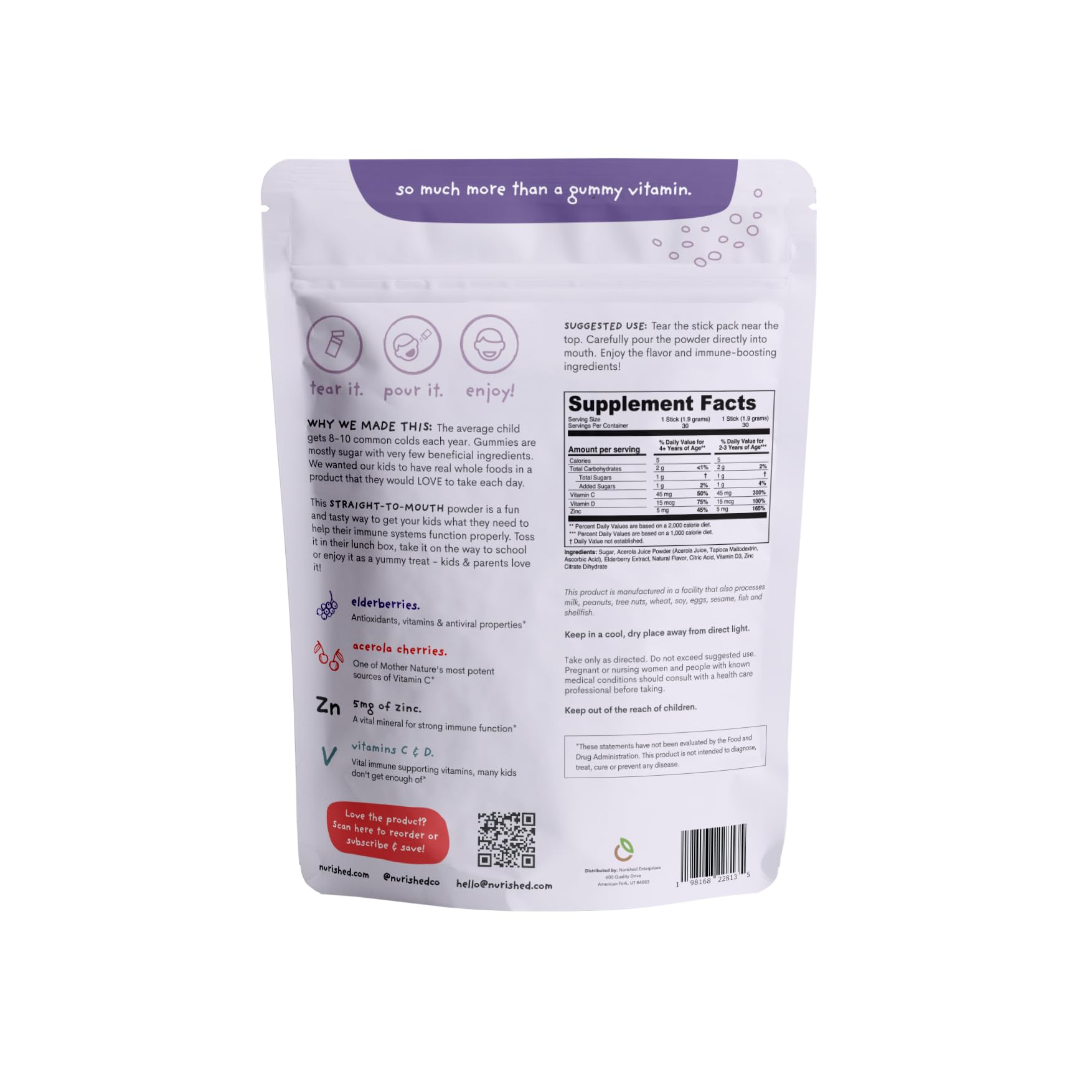 Close-up of Nurished Elderberry Supplement stick pack showing lemonade flavour