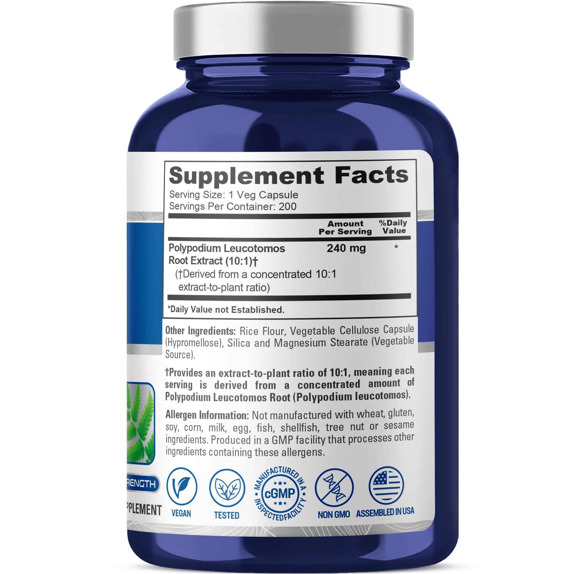 Close-up of NusaPure Polypodium Leucotomos Capsules 240mg