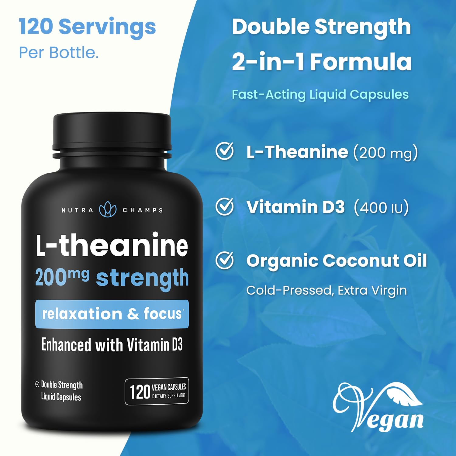 Close-up of NutraChamps L-Theanine vegan liquid capsule