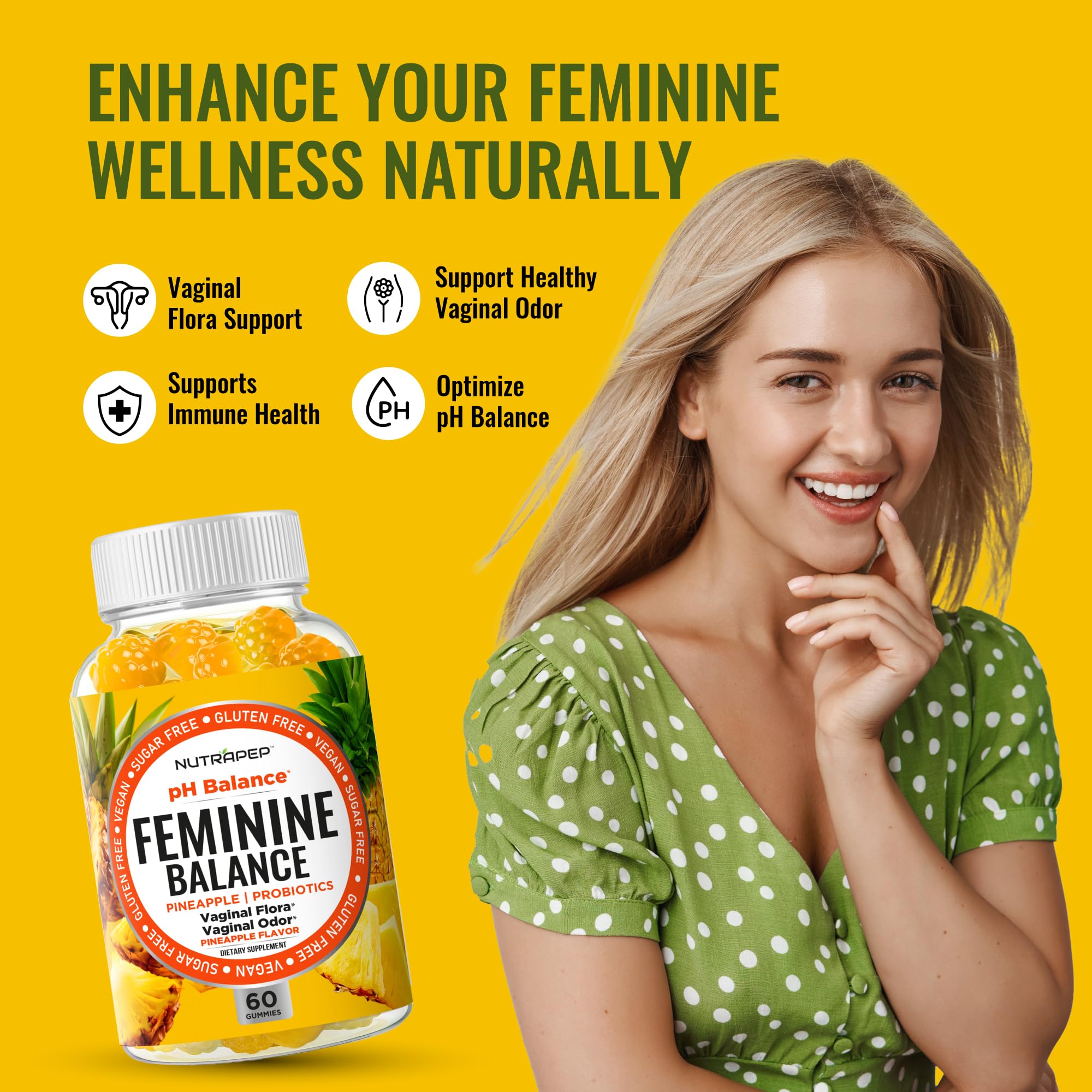 Close-up of NutraPep Feminine Balance Gummies showing pineapple flavour