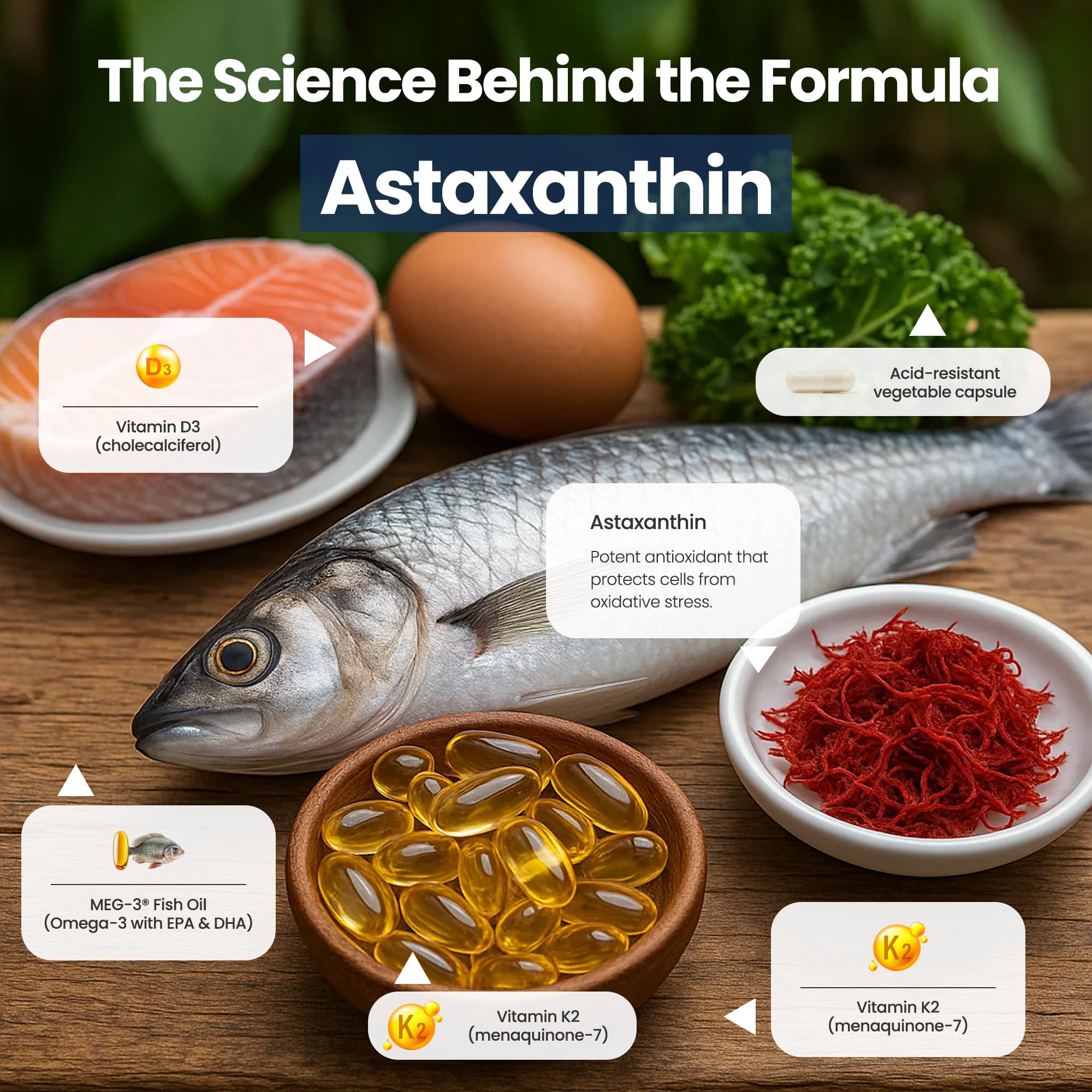 Close-up of Nutri11 Omega-3 + D3 + K2 + Astaxanthin capsules