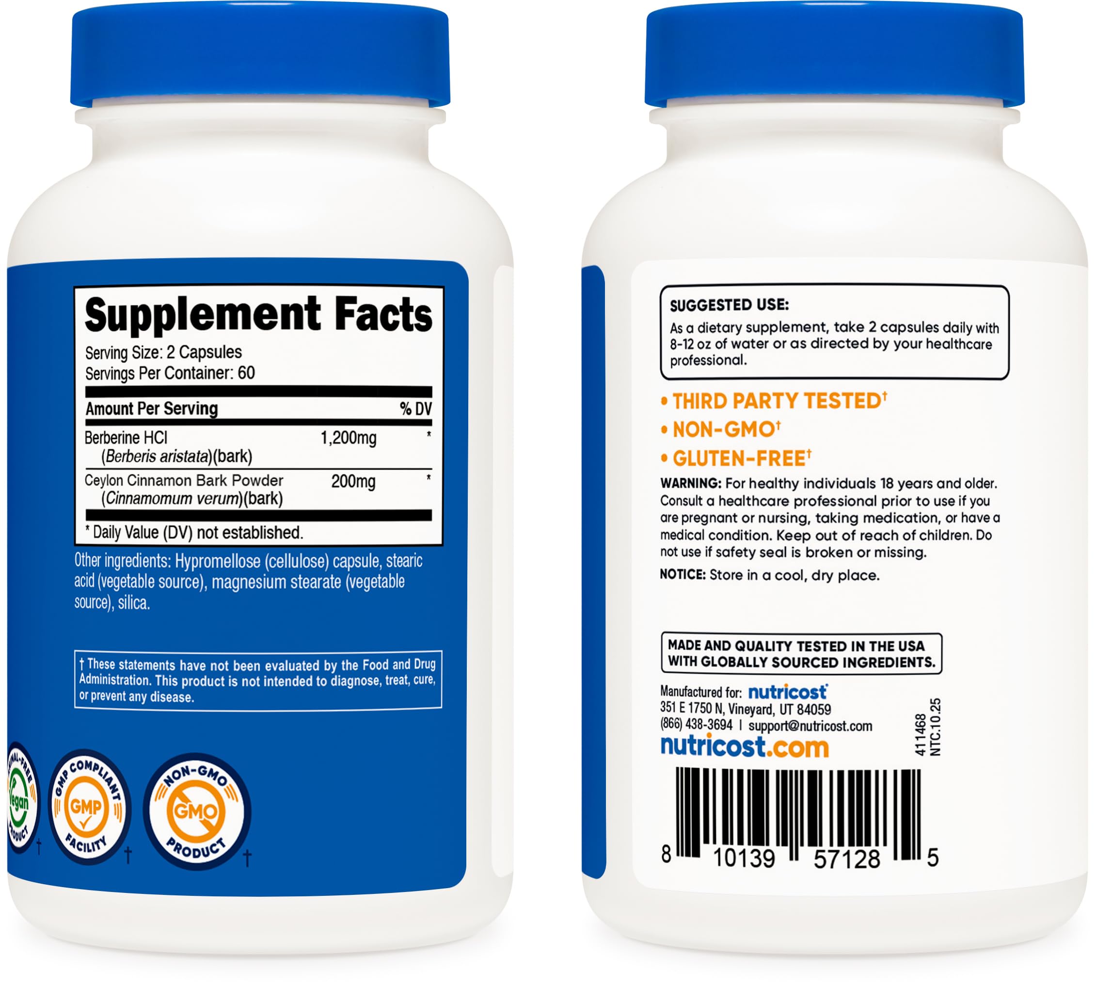Close-up of Nutricost Berberine HCl with Ceylon Cinnamon capsules