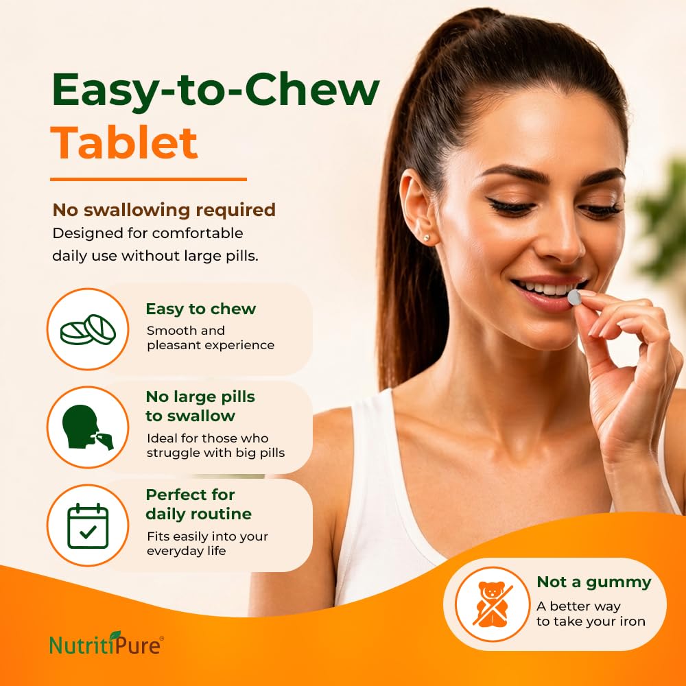Close-up of NutritiPure Carbonyl Iron chewable tablet