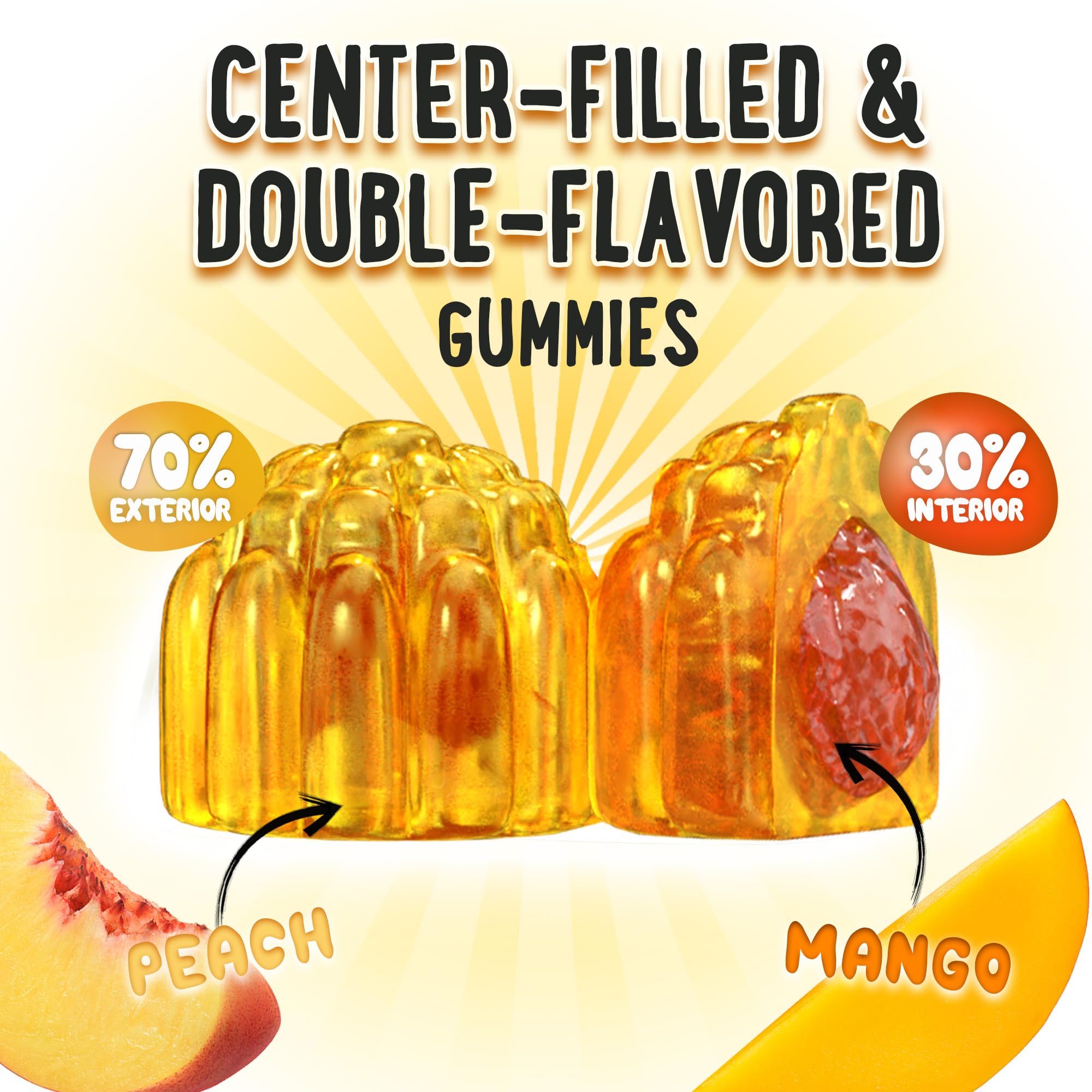 Close-up of OH MY CHEWY gummies showcasing peach and mango flavours