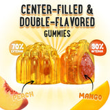 Close-up of OH MY CHEWY gummies showcasing peach and mango flavours