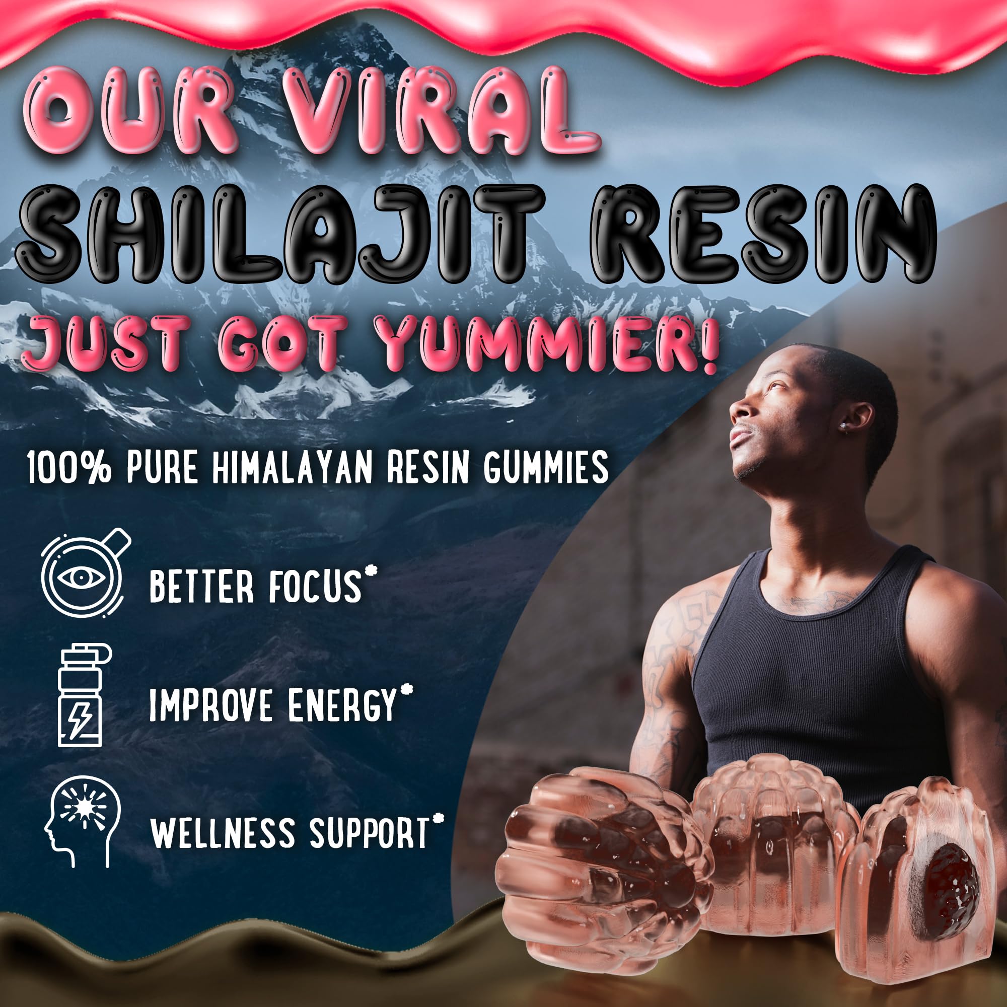 Close-up of OH MY CHEWY Shilajit Gummies with fruit flavour